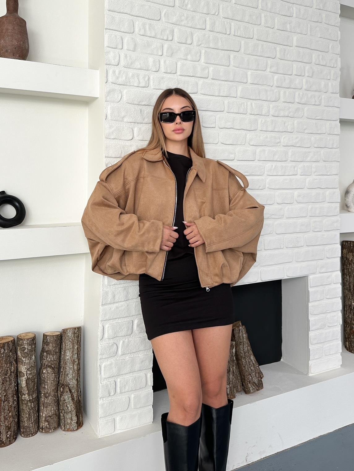 Bej Oversize Bomber Süet Ceket