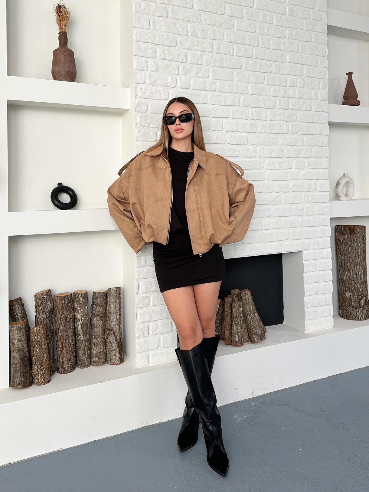 Bej Oversize Bomber Süet Ceket