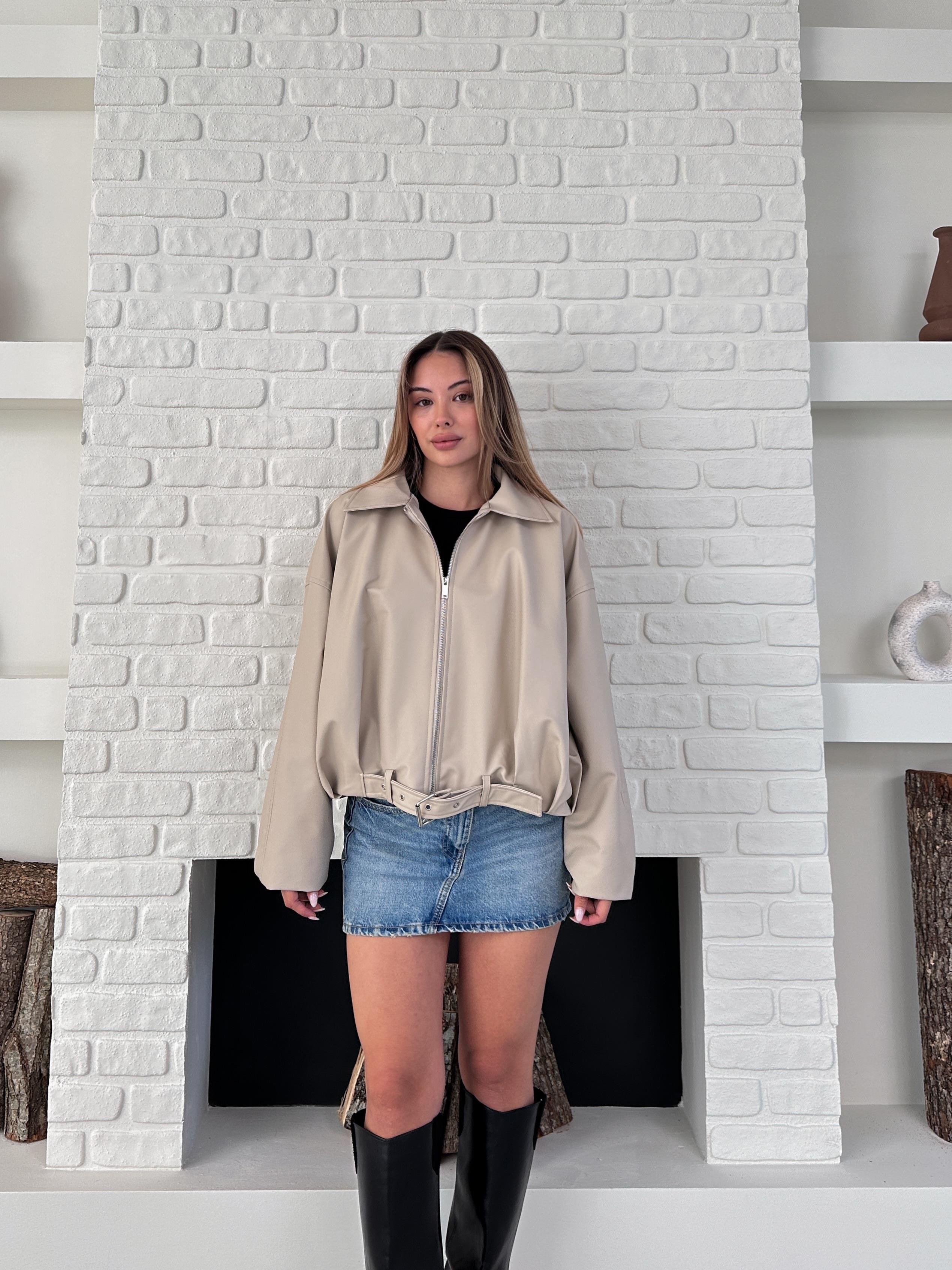 Bej Oversize Kemerli Bomber Ceket