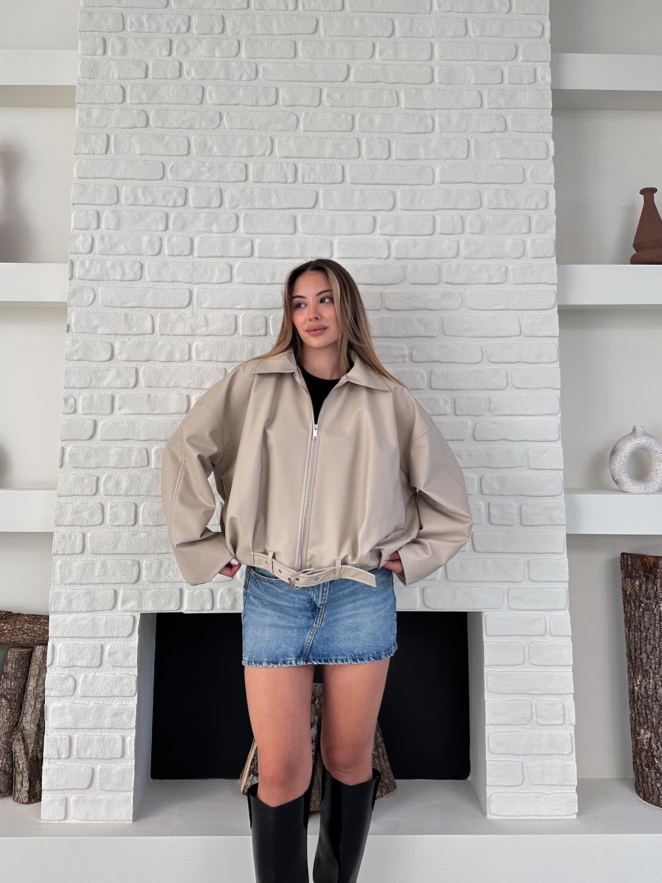 Bej Oversize Kemerli Bomber Ceket