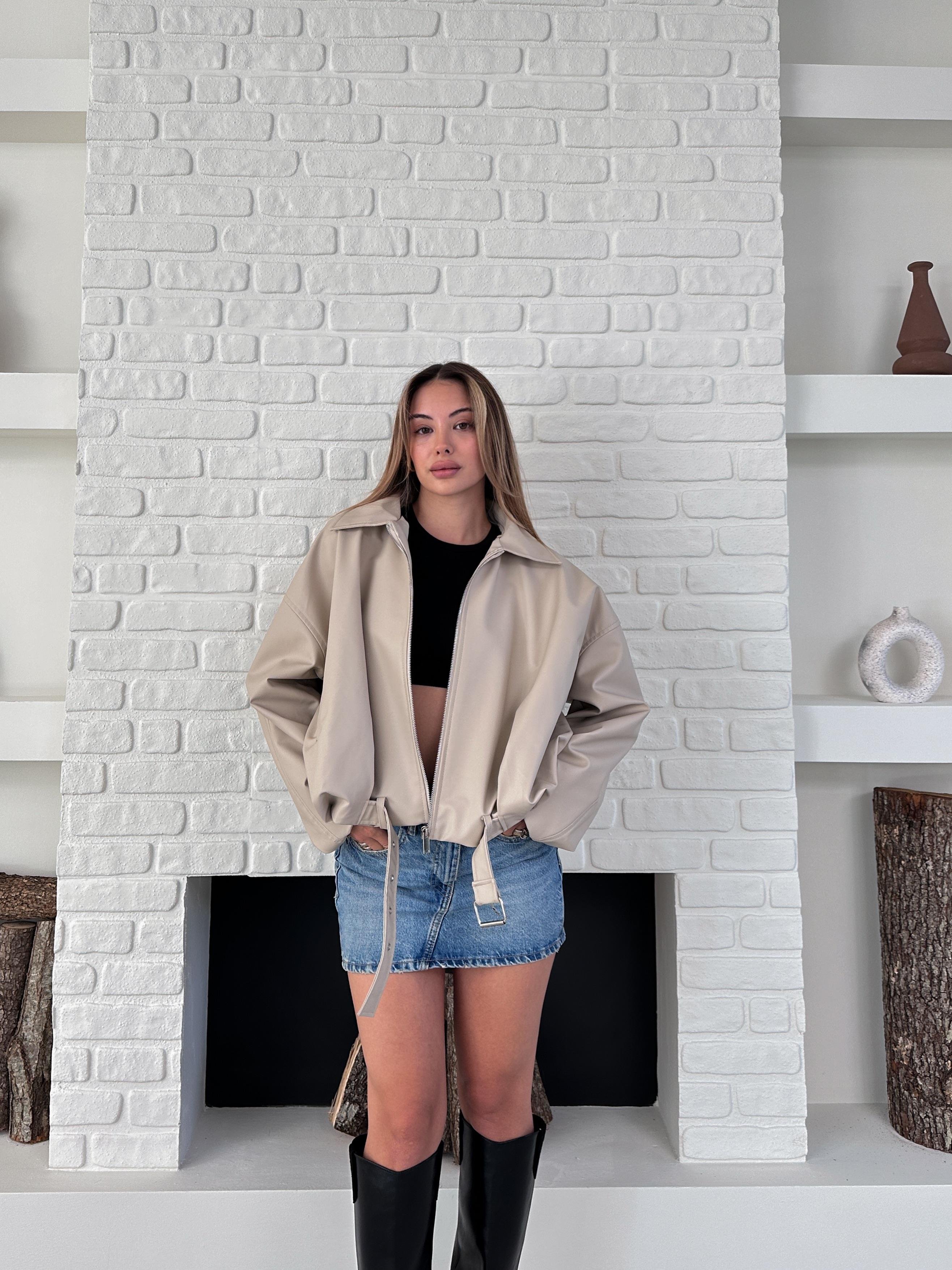 Bej Oversize Kemerli Bomber Ceket