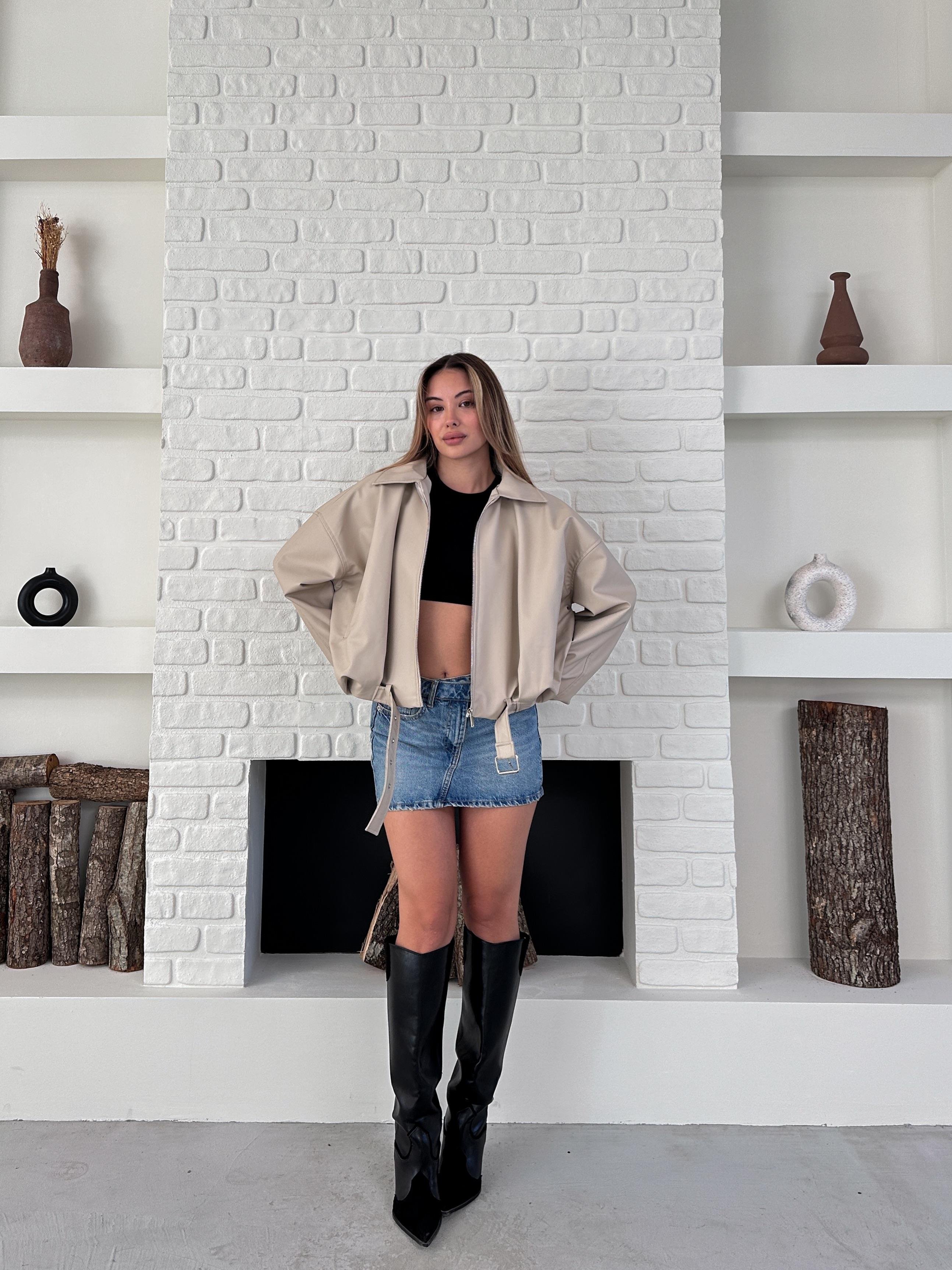 Bej Oversize Kemerli Bomber Ceket