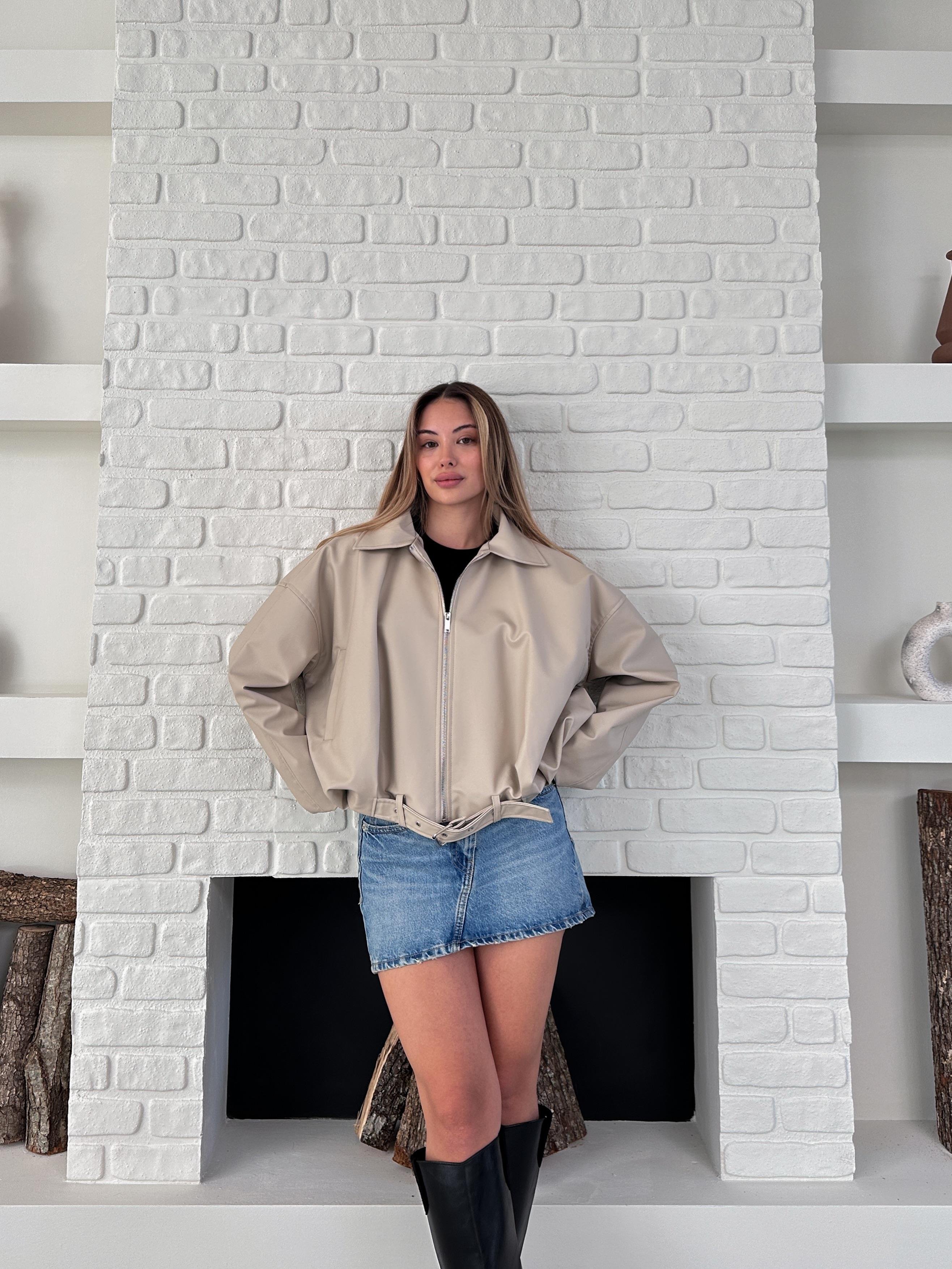 Bej Oversize Kemerli Bomber Ceket
