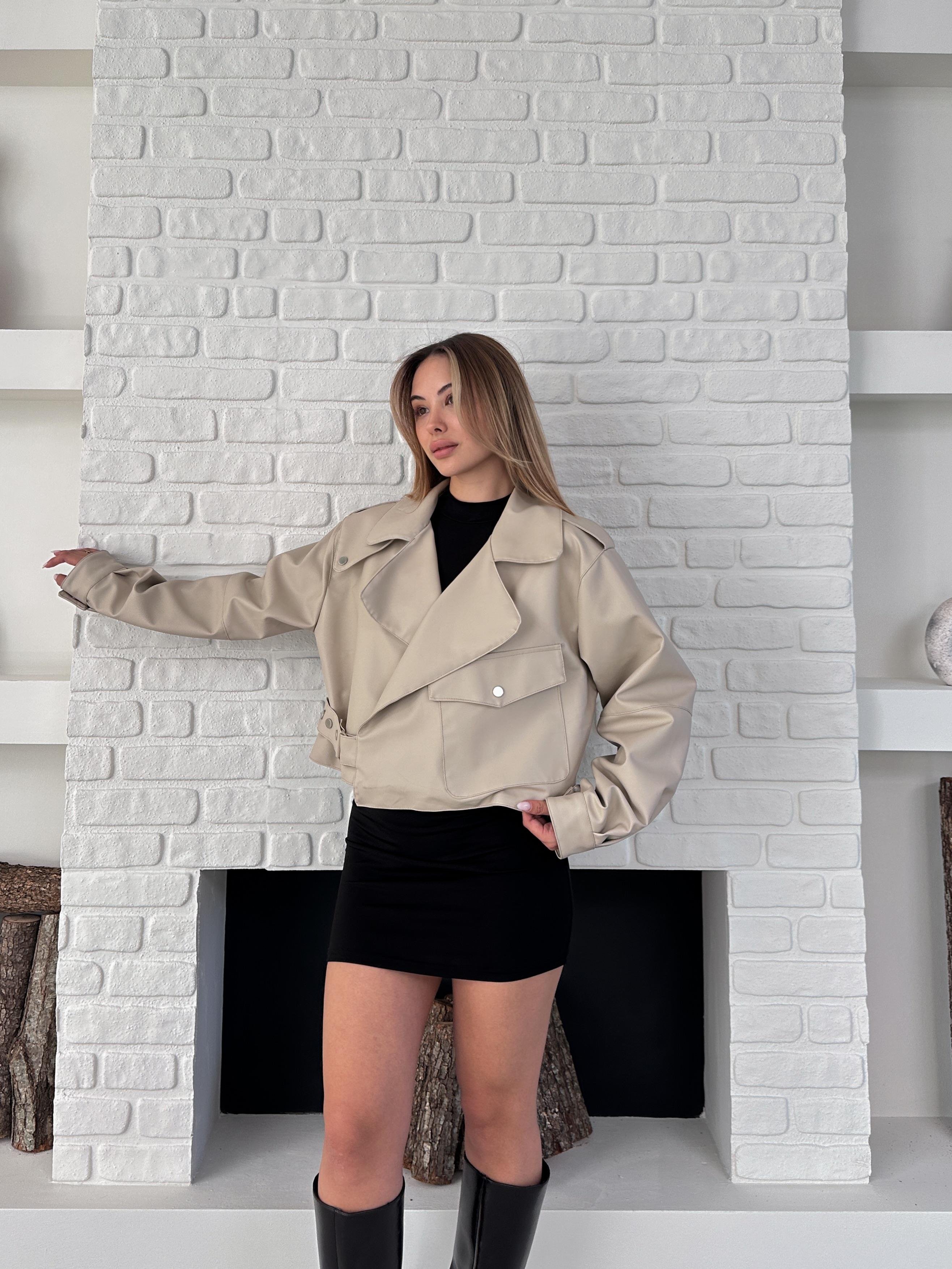 Bej Yeni Sezon Oversize Deri Ceket