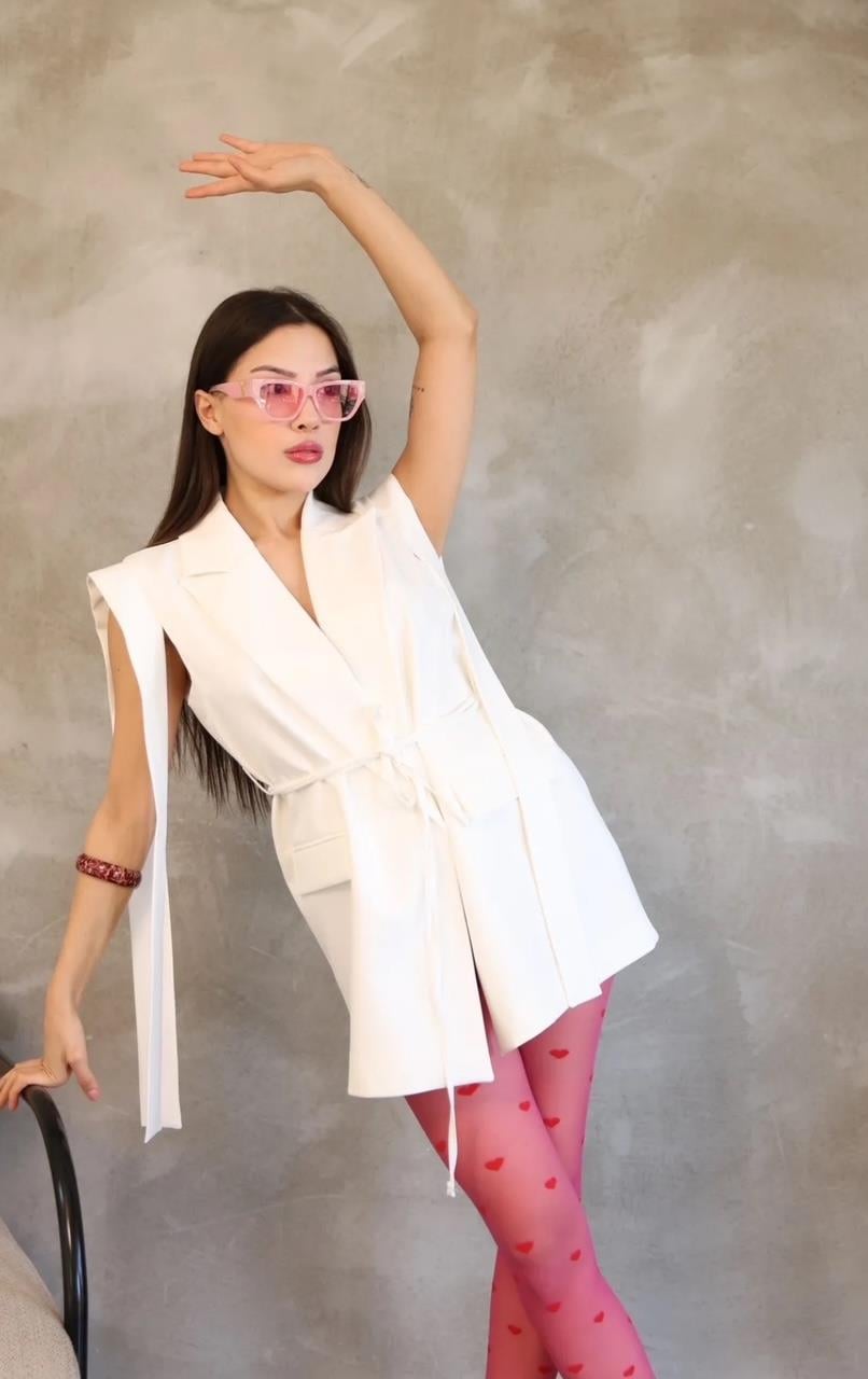 Beyaz Bağlamalı Blazer Yelek