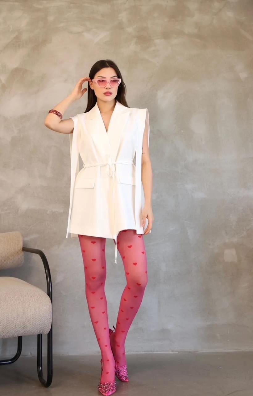 Beyaz Bağlamalı Blazer Yelek
