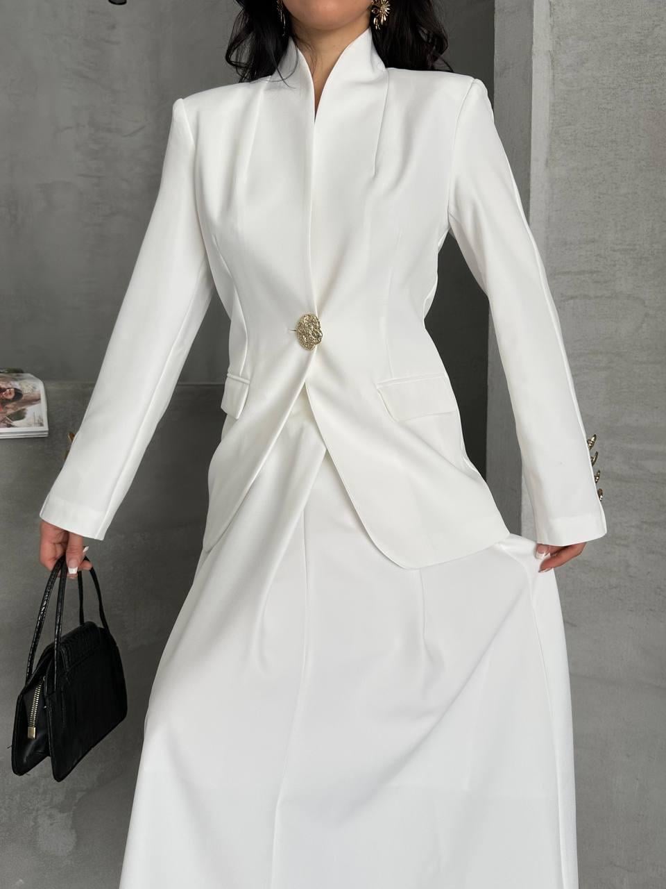 Beyaz Gold Düğmeli Ceket Etek Blazer Takım