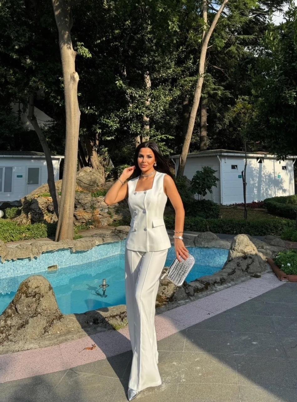 Beyaz Taş Düğmeli Yelek Pantolon Blazer Takım
