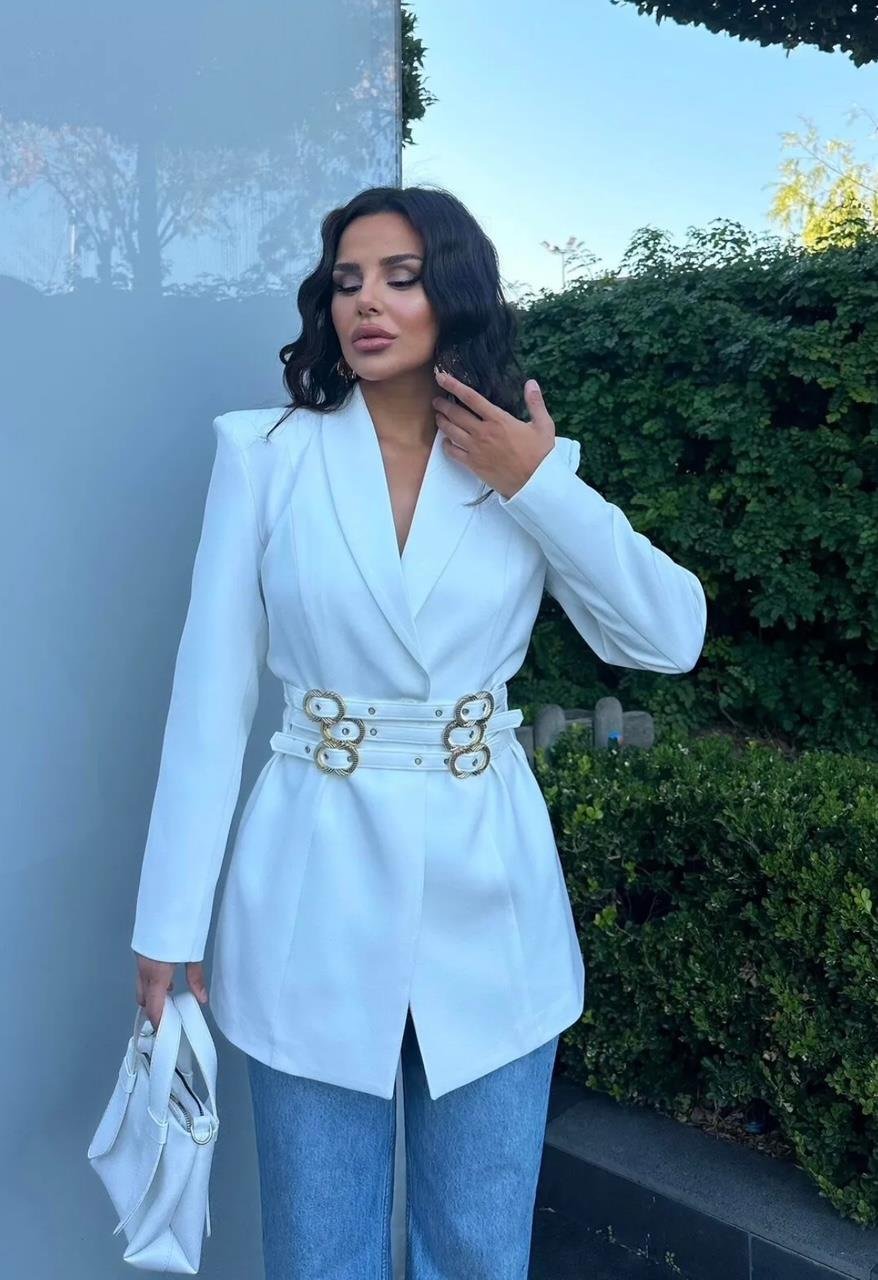 Beyaz Üç Kemerli Blazer Ceket Elbise