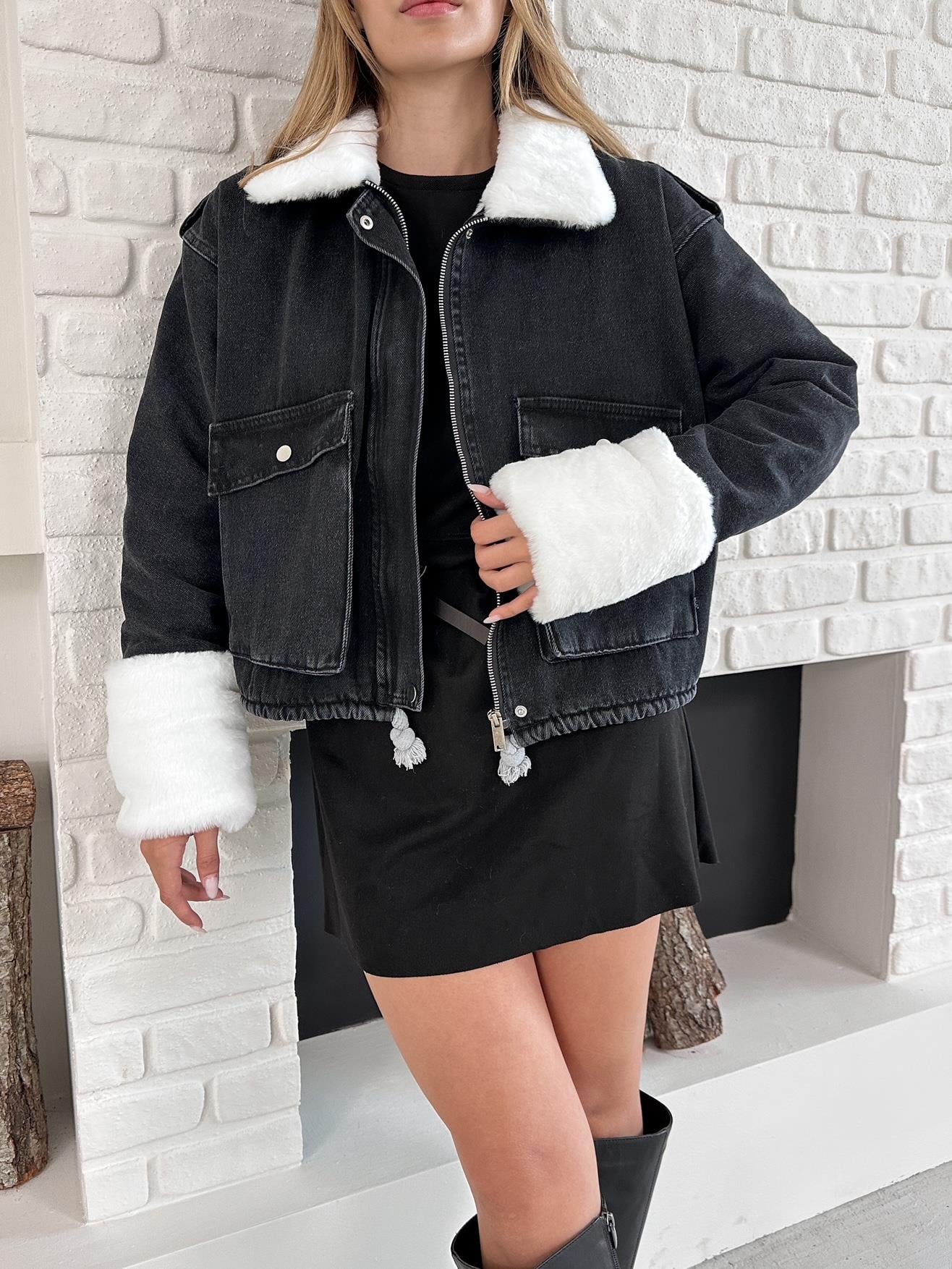 Beyaz Yeni Sezon İçi Peluş Denim Mont