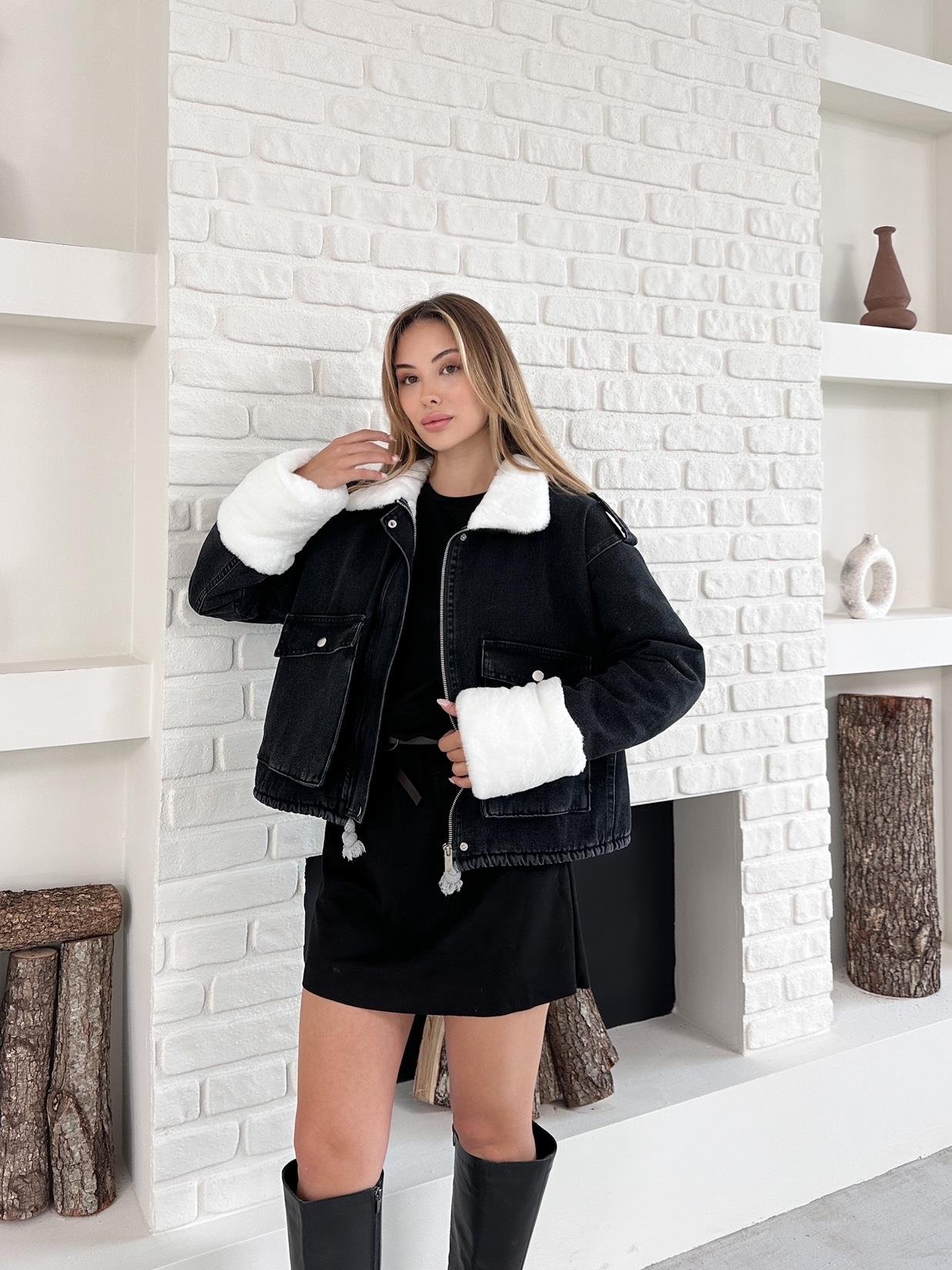 Beyaz Yeni Sezon İçi Peluş Denim Mont