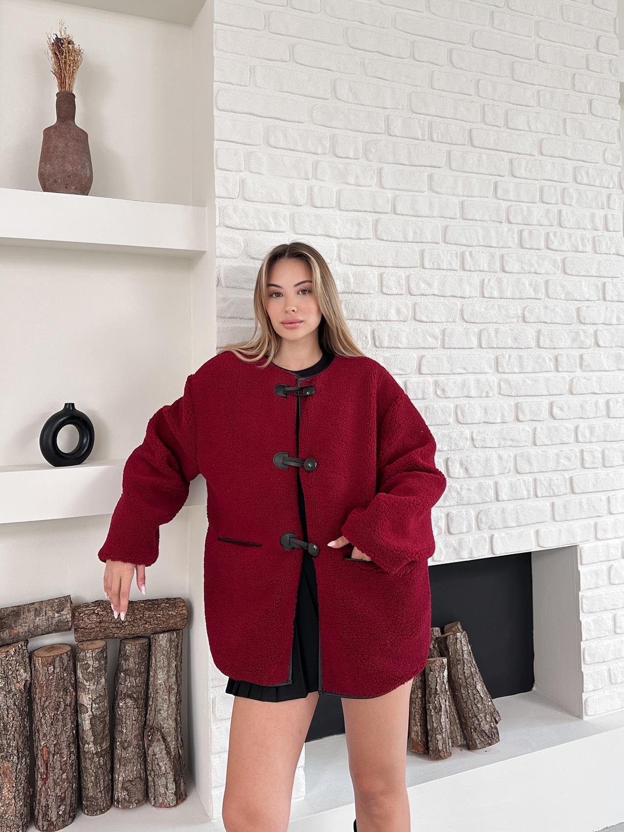 Bordo Apike Peluş Çoban Kapama Mont