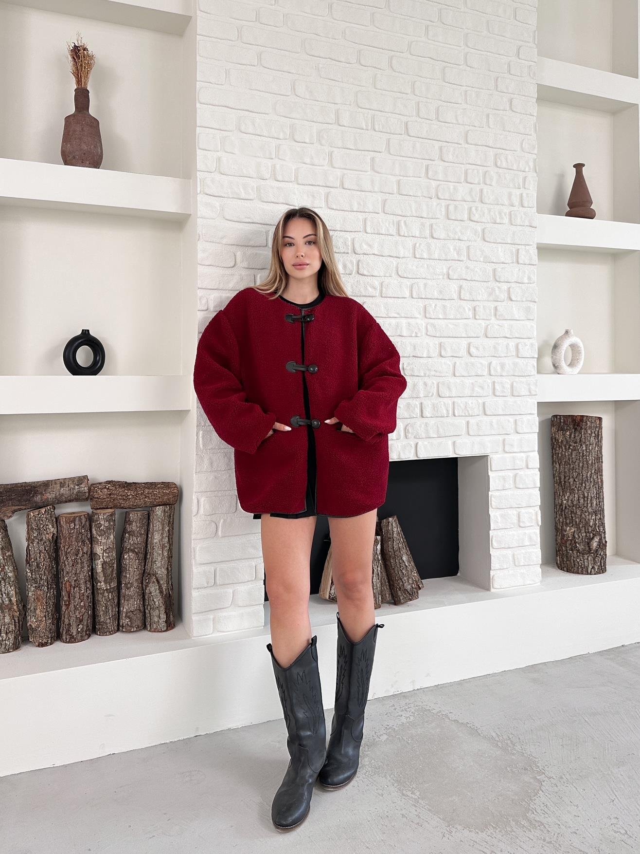 Bordo Apike Peluş Çoban Kapama Mont