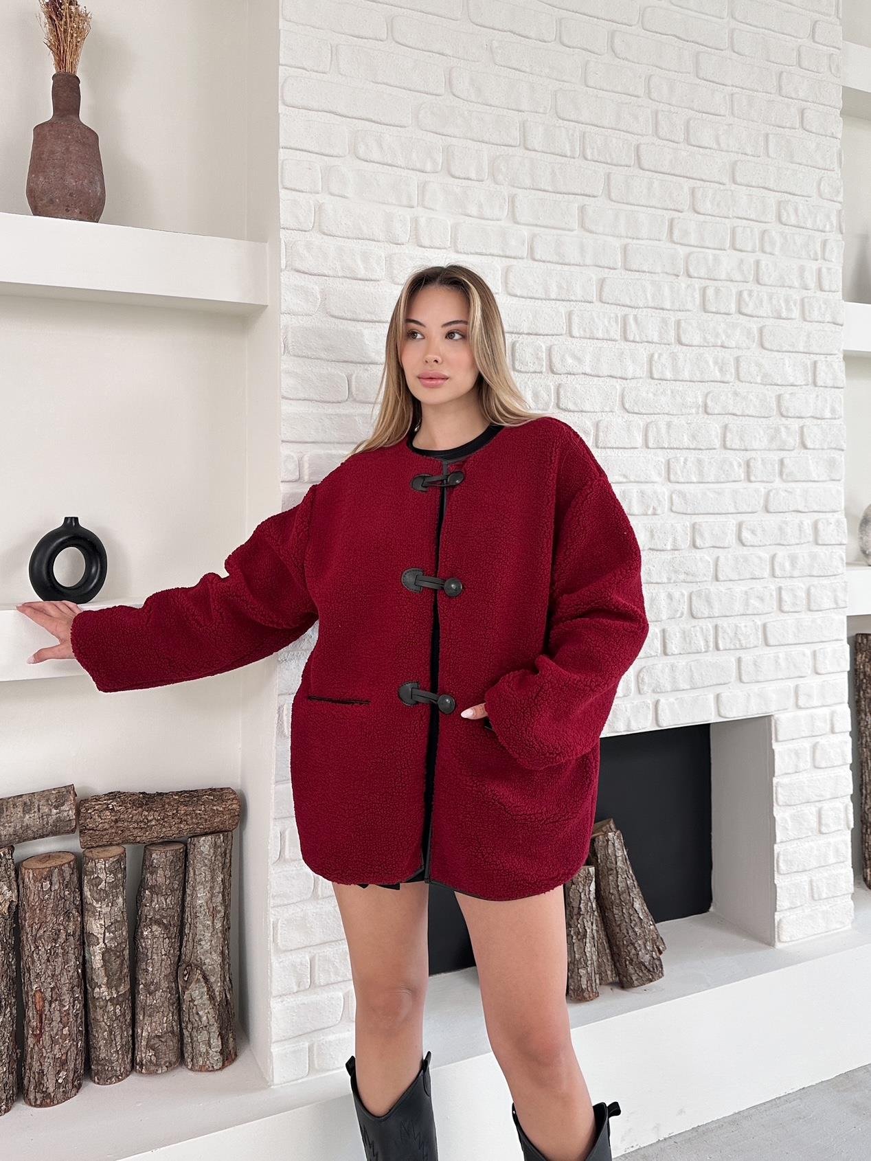 Bordo Apike Peluş Çoban Kapama Mont