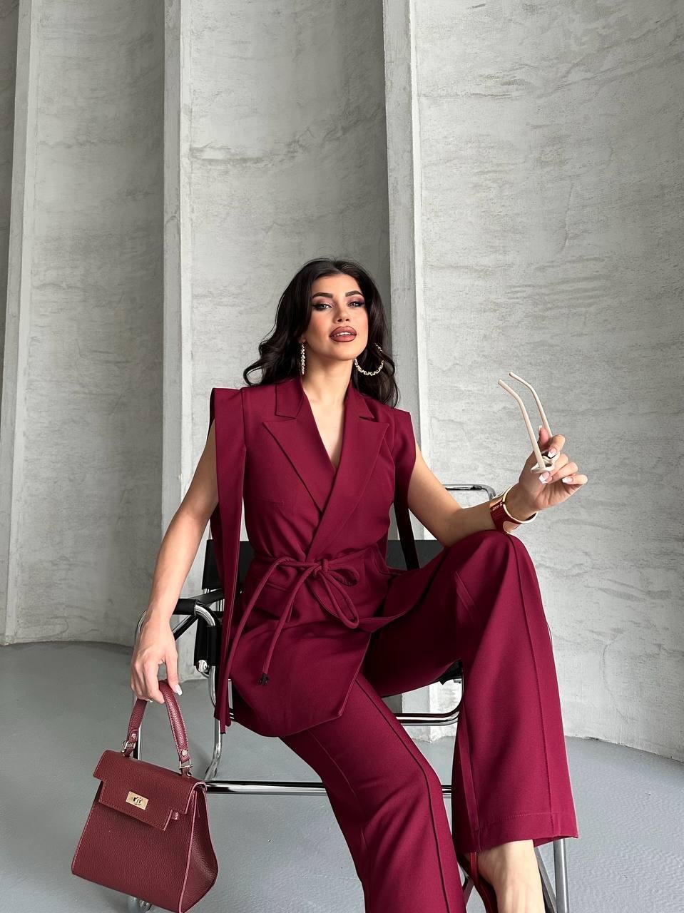 Bordo Bağlamalı Yelek Pantolon Blazer Takım
