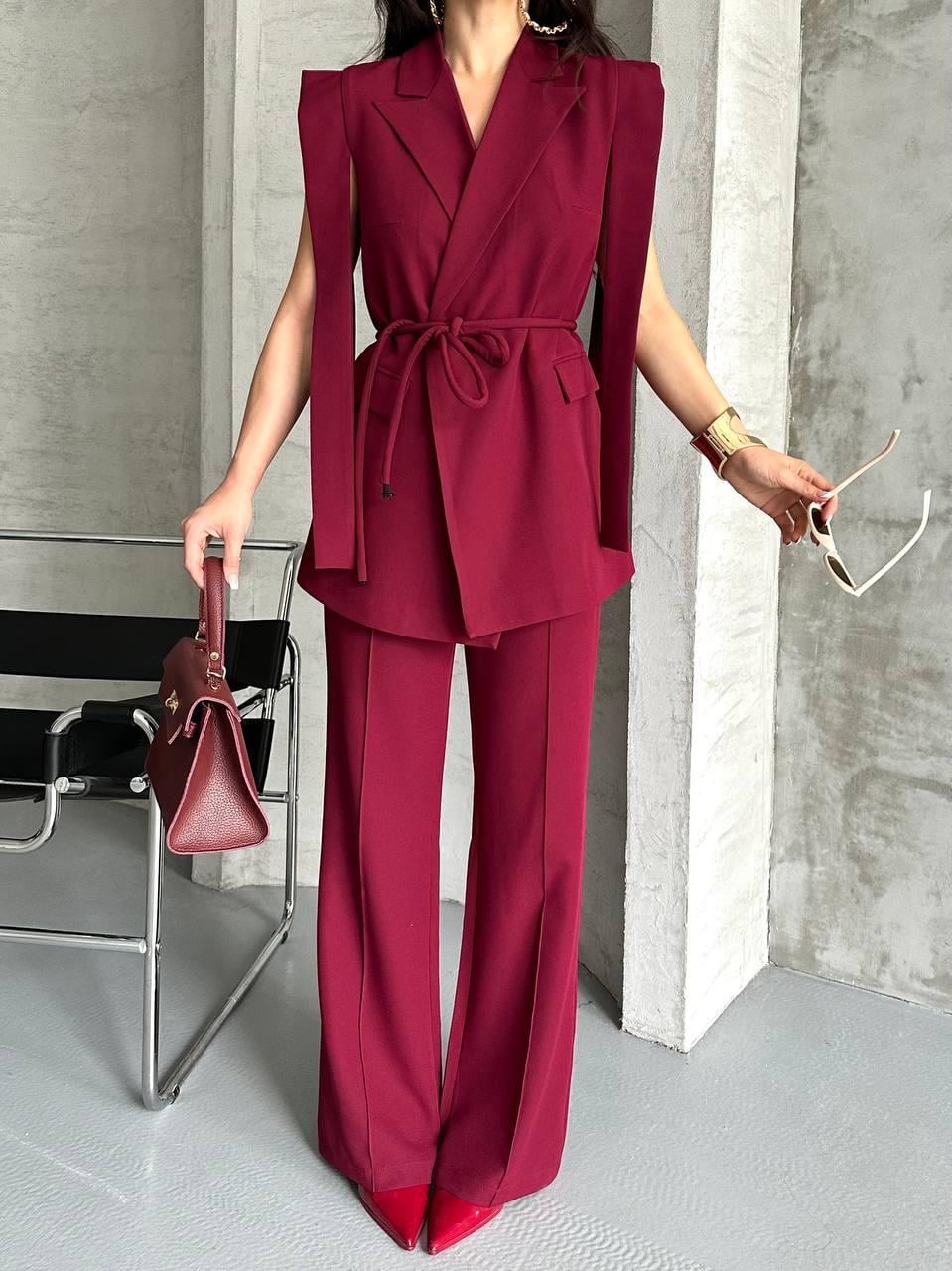 Bordo Bağlamalı Yelek Pantolon Blazer Takım