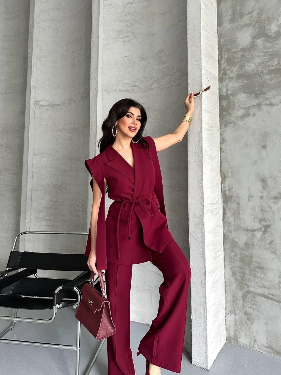 Bordo Bağlamalı Yelek Pantolon Blazer Takım