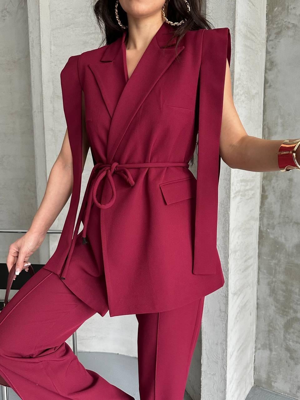 Bordo Bağlamalı Yelek Pantolon Blazer Takım
