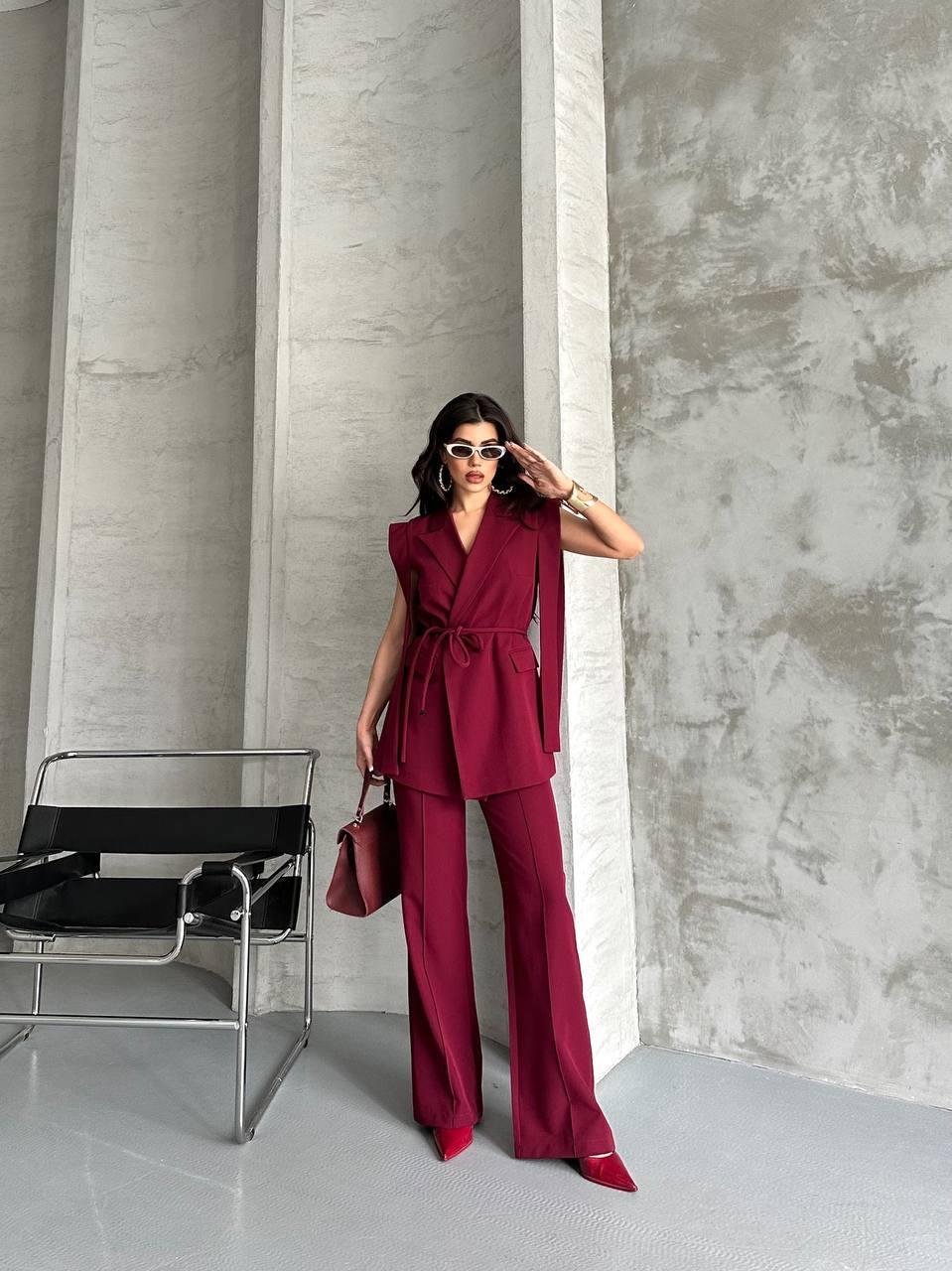 Bordo Bağlamalı Yelek Pantolon Blazer Takım