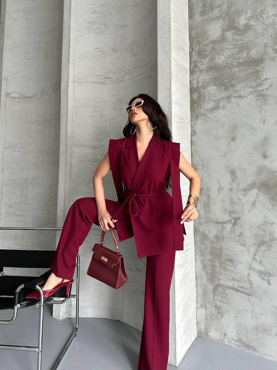 Bordo Bağlamalı Yelek Pantolon Blazer Takım