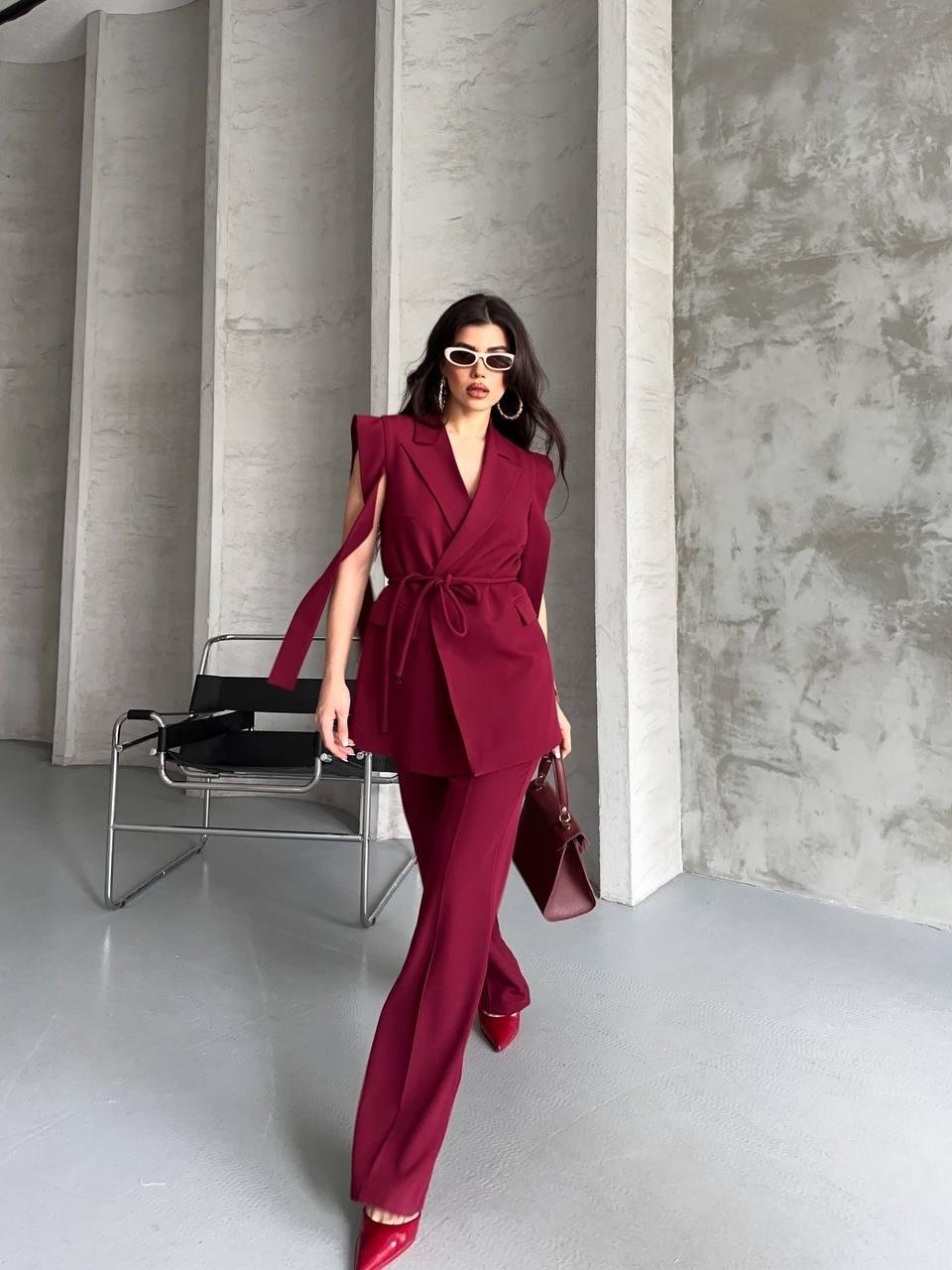 Bordo Bağlamalı Yelek Pantolon Blazer Takım