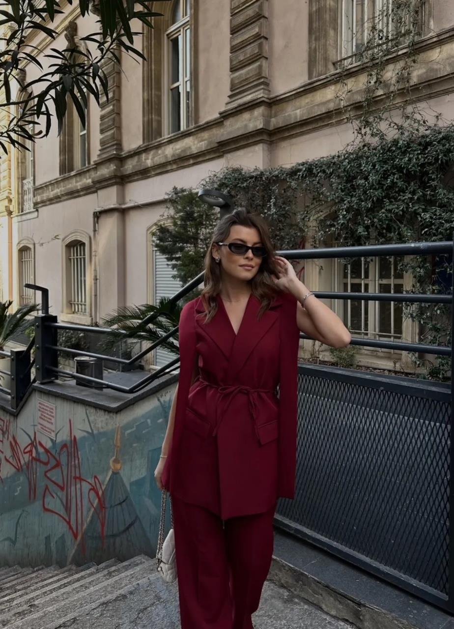 Bordo Bağlamalı Yelekli Pantolonlu Blazer Takım