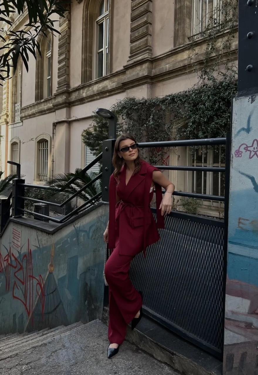 Bordo Bağlamalı Yelekli Pantolonlu Blazer Takım