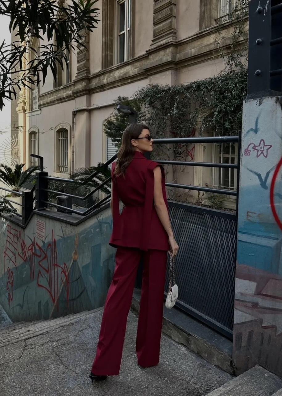 Bordo Bağlamalı Yelekli Pantolonlu Blazer Takım