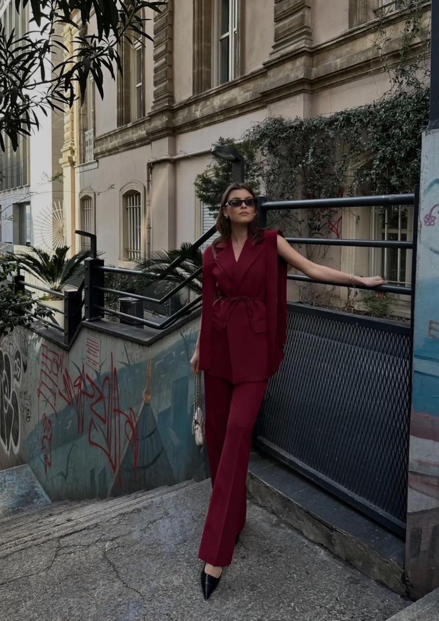 Bordo Bağlamalı Yelekli Pantolonlu Blazer Takım