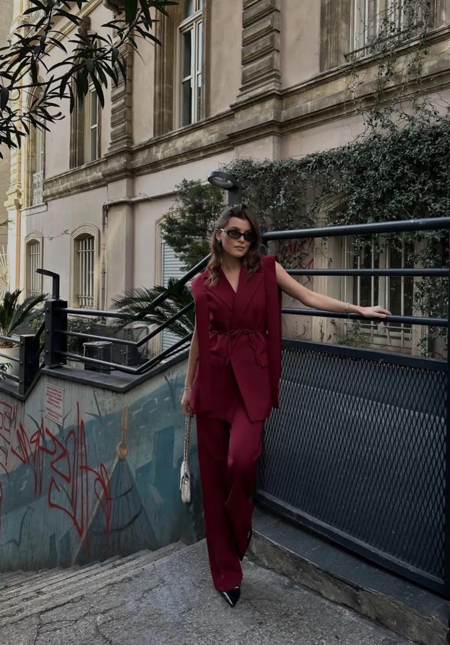 Bordo Bağlamalı Yelekli Pantolonlu Blazer Takım
