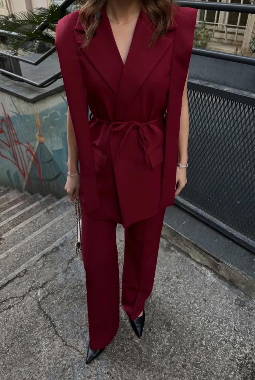 Bordo Bağlamalı Yelekli Pantolonlu Blazer Takım