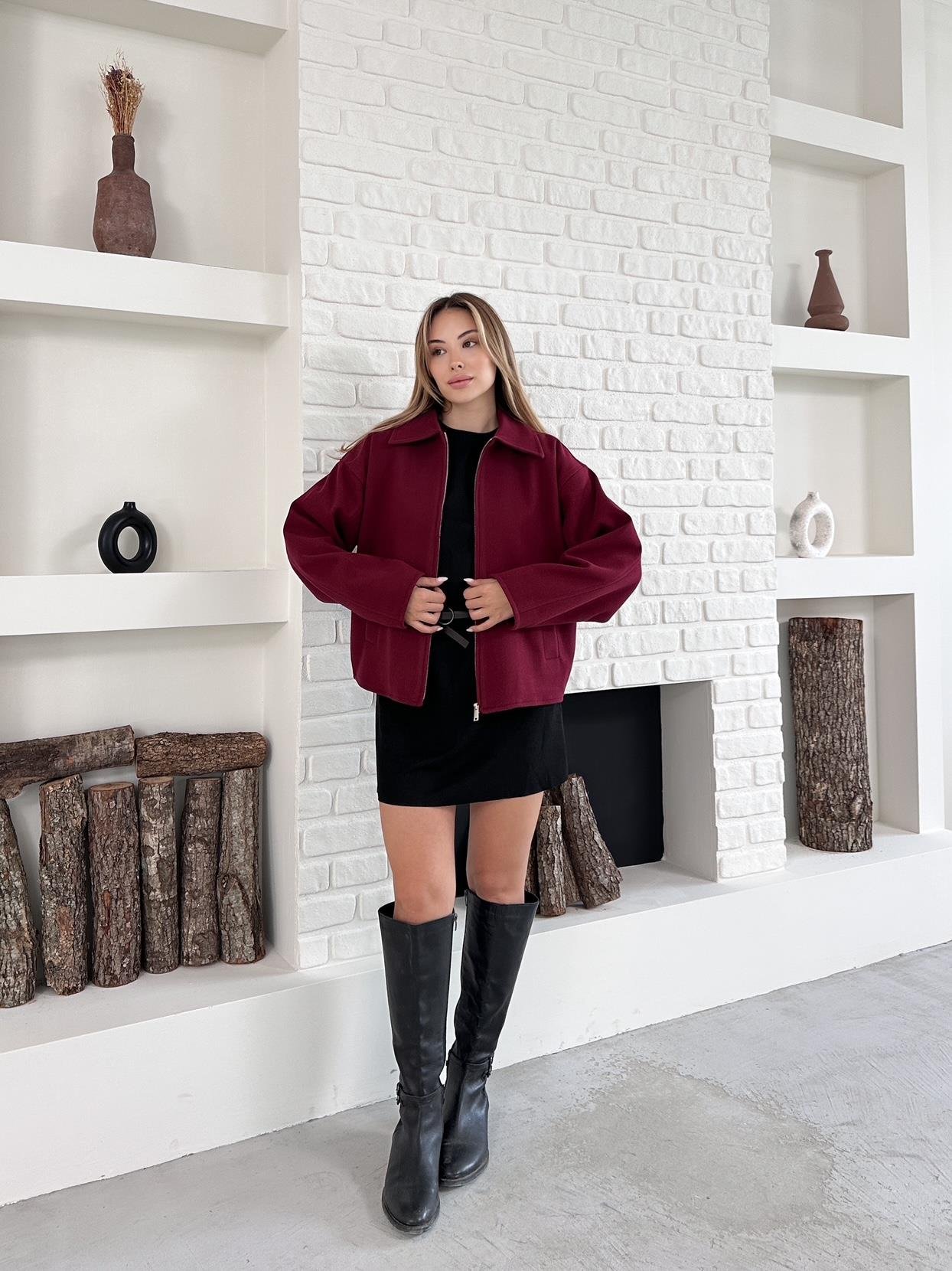 Bordo Bomber Fermuarlı Buklet Ceket