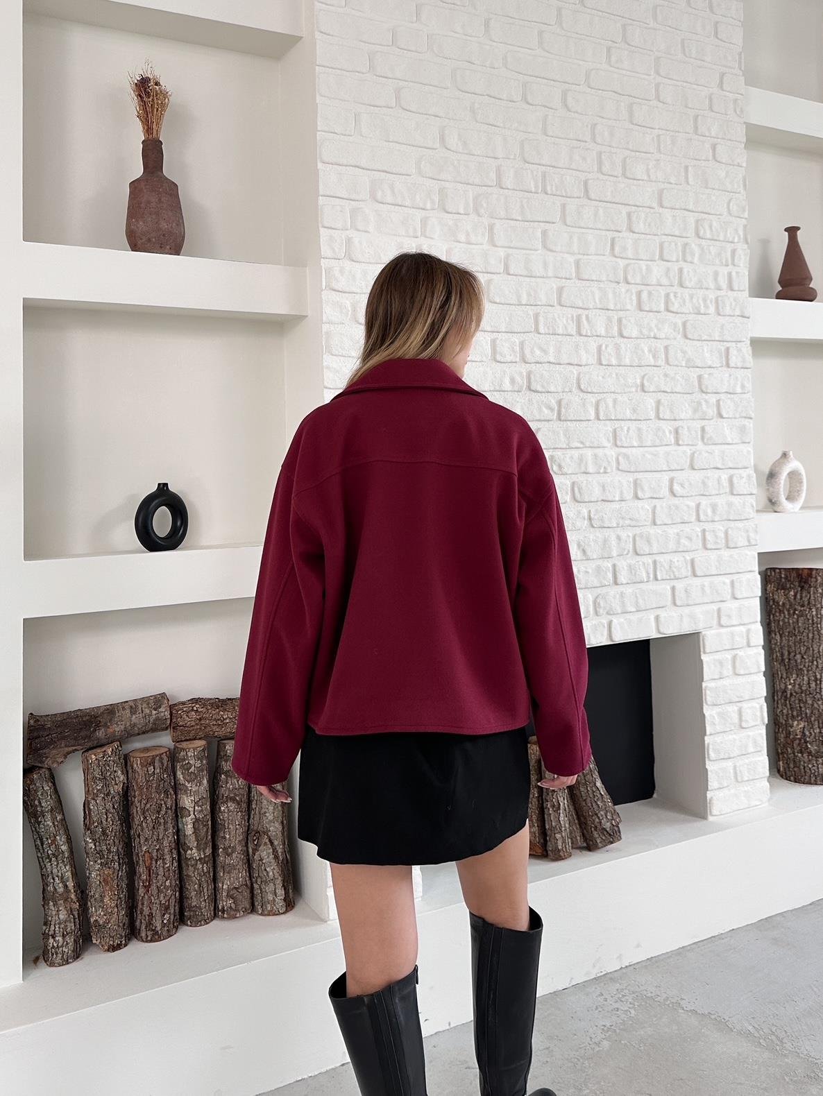 Bordo Bomber Fermuarlı Buklet Ceket