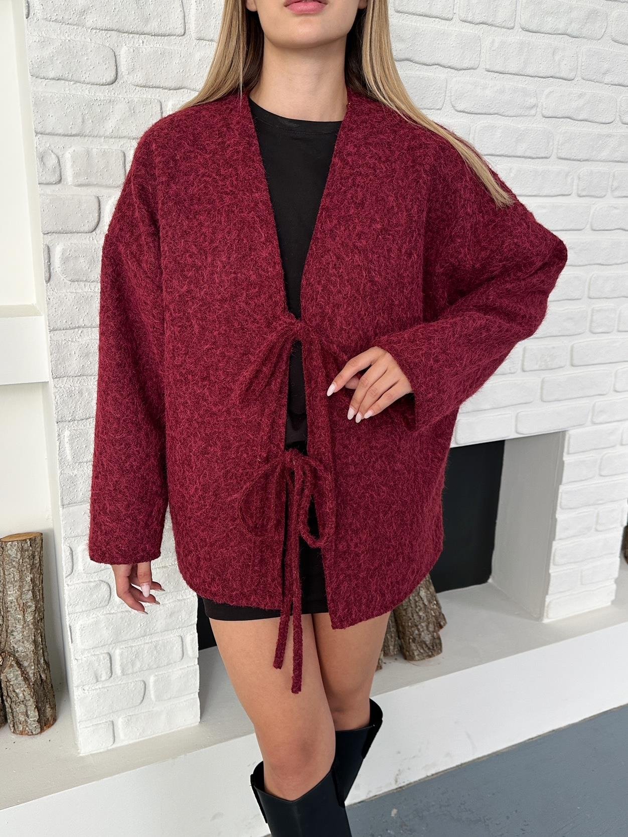 Bordo Çift Bağcıklı Kırçıllı Ceket