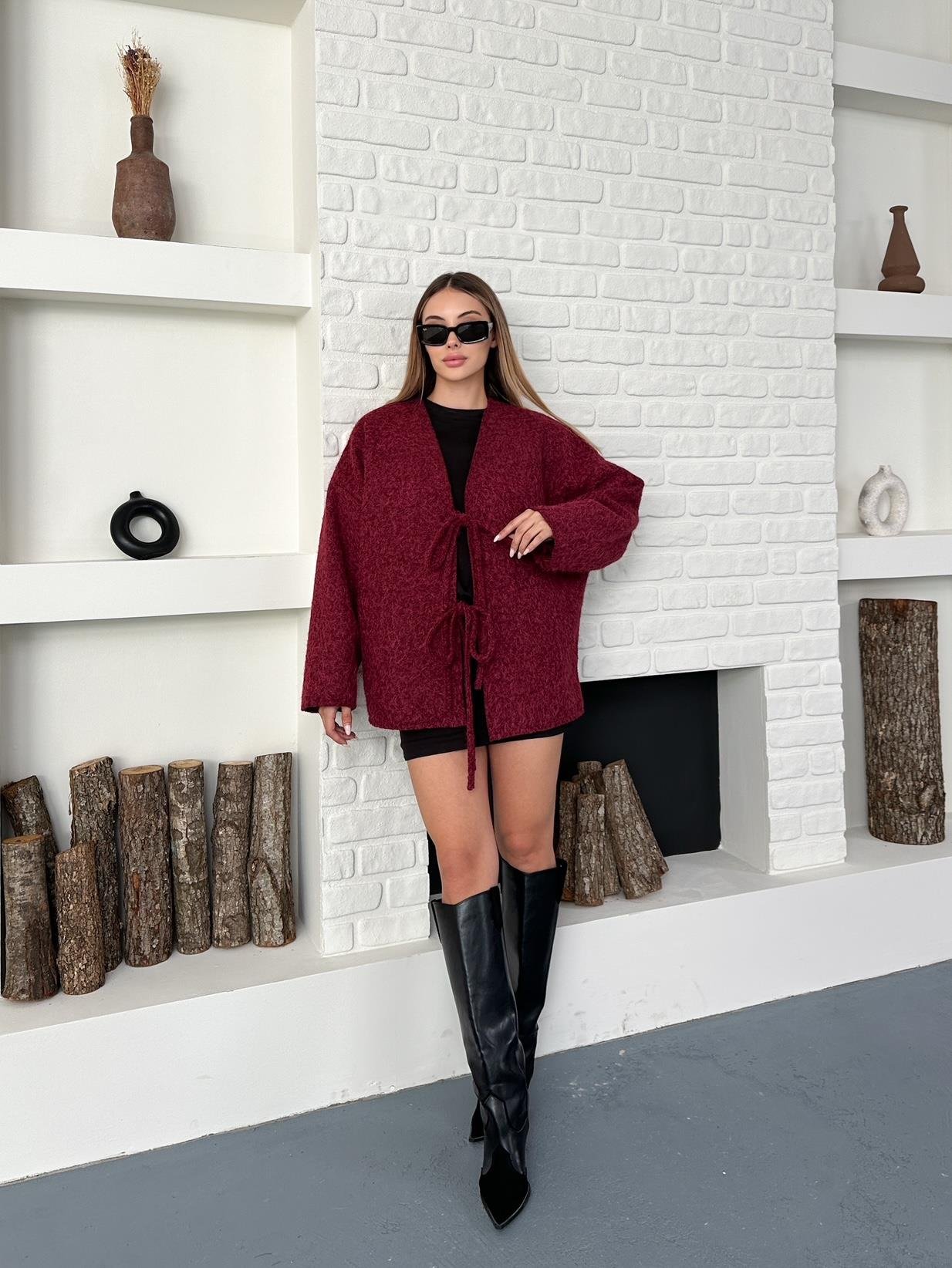 Bordo Çift Bağcıklı Kırçıllı Ceket
