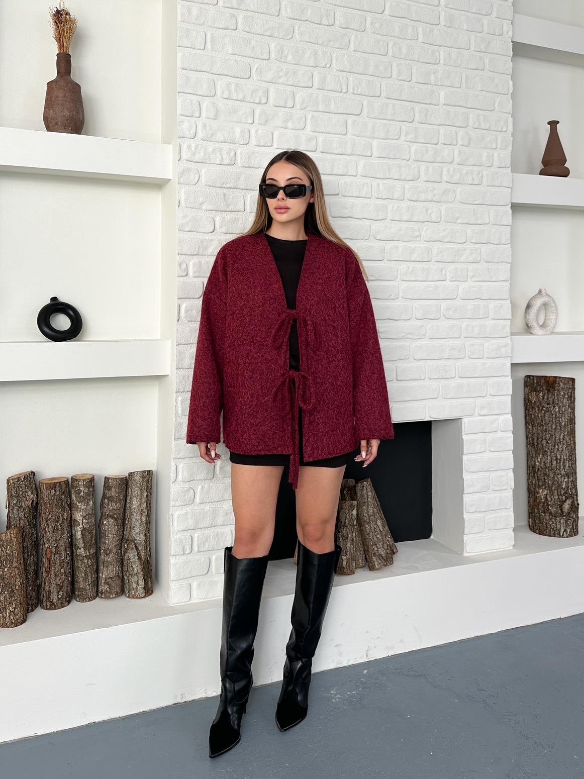 Bordo Çift Bağcıklı Kırçıllı Ceket