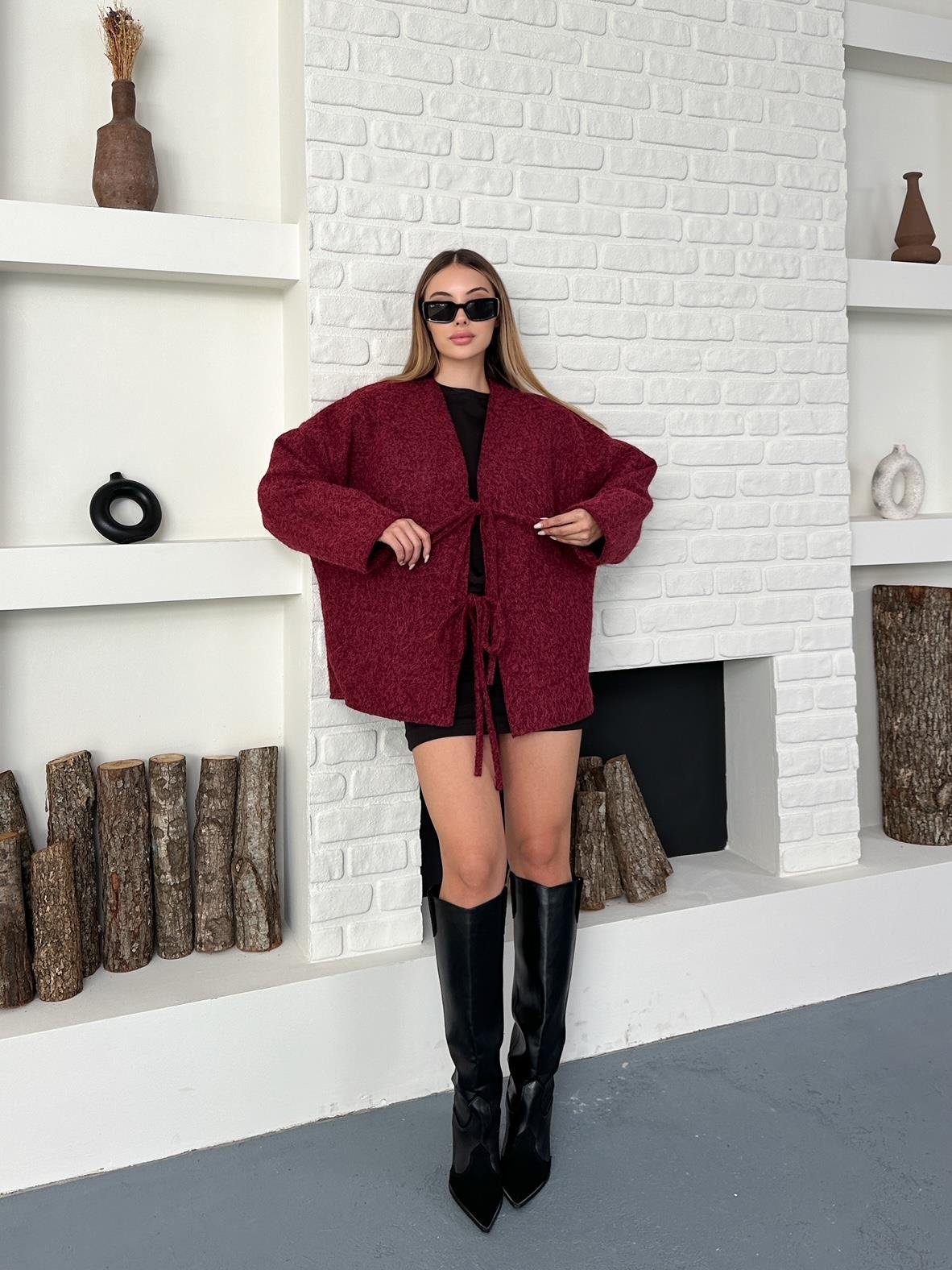 Bordo Çift Bağcıklı Kırçıllı Ceket