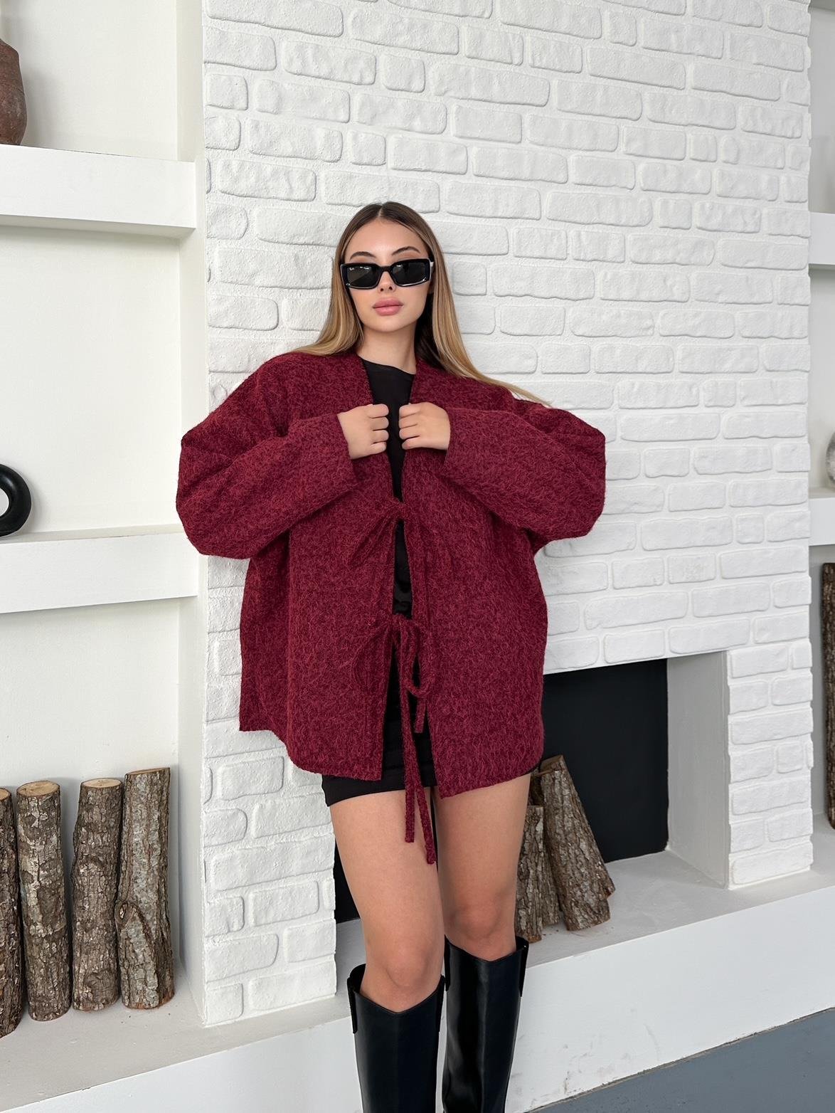 Bordo Çift Bağcıklı Kırçıllı Ceket