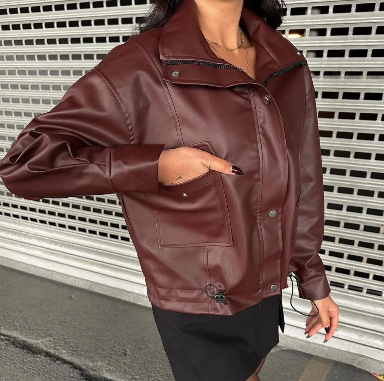 Bordo Çift Cep Deri Ceket