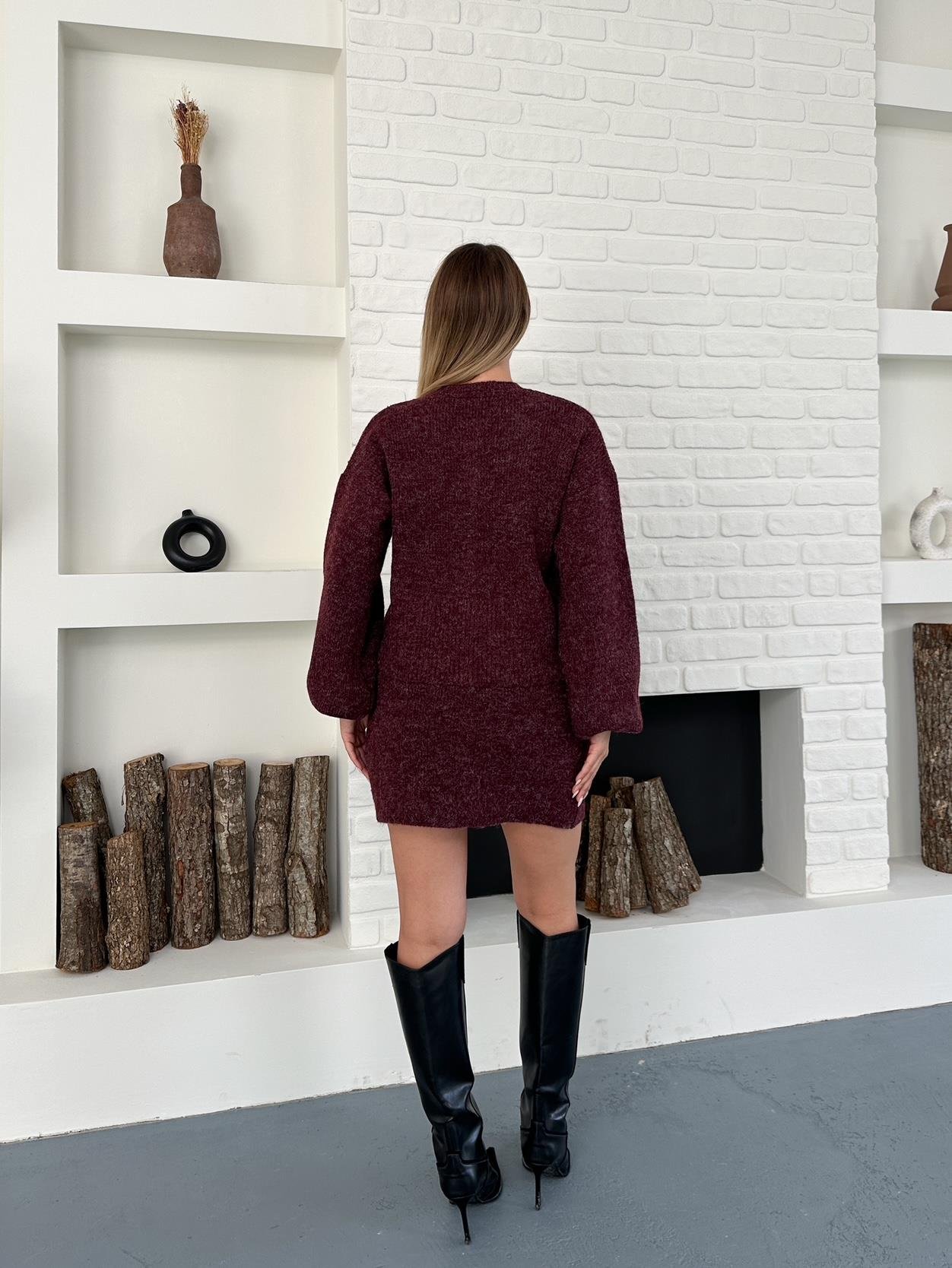 Bordo Düğmeli Bluz Etek Triko Takım