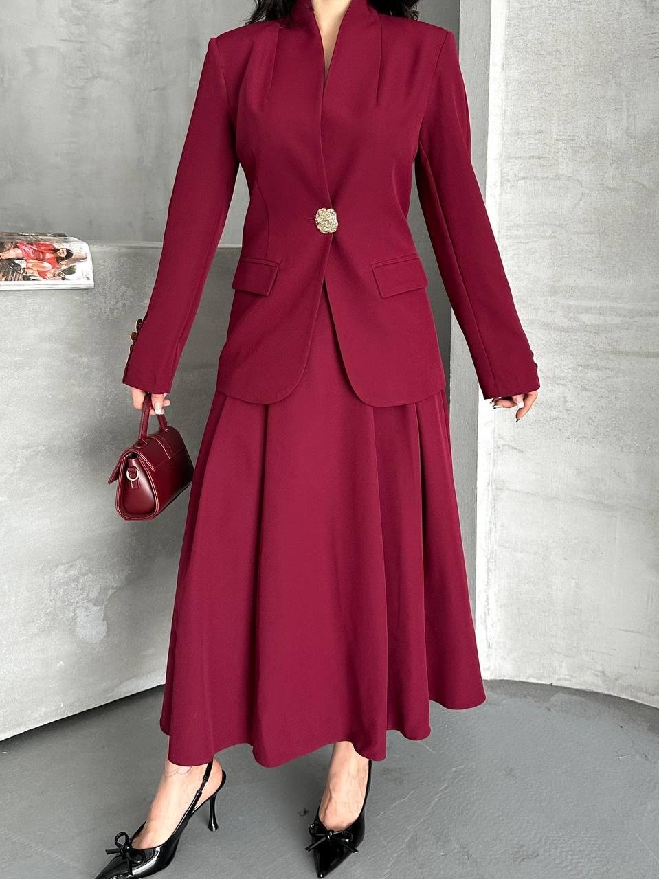 Bordo Gold Düğmeli Ceket Etek Blazer Takım