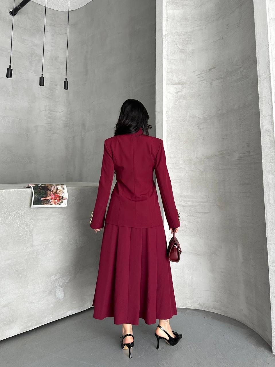 Bordo Gold Düğmeli Ceket Etek Blazer Takım