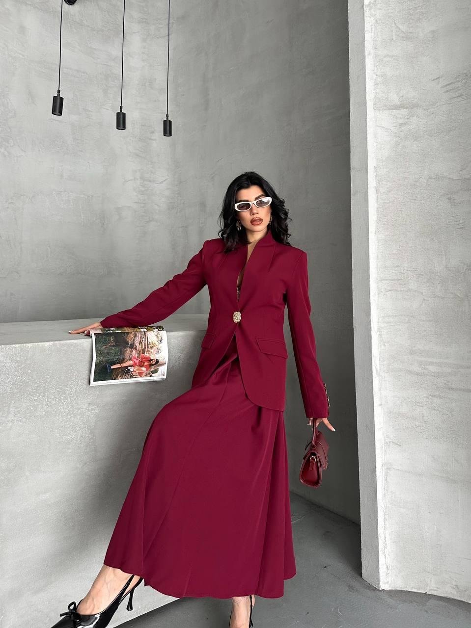 Bordo Gold Düğmeli Ceket Etek Blazer Takım