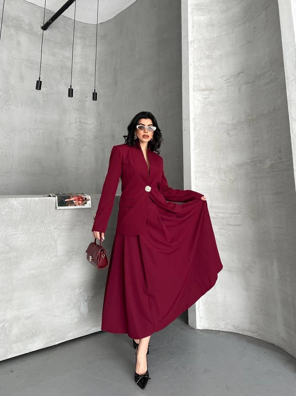 Bordo Gold Düğmeli Ceket Etek Blazer Takım