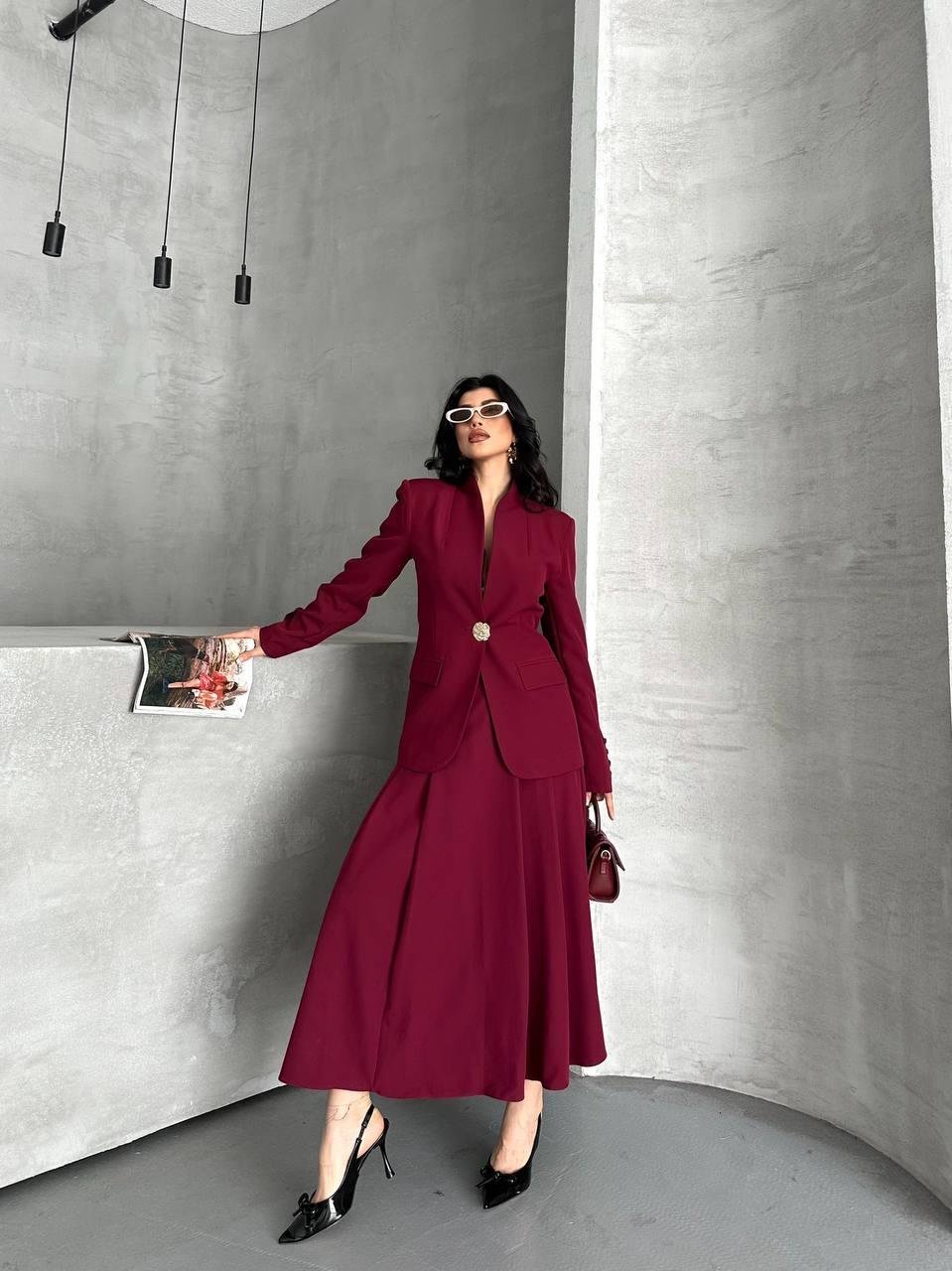 Bordo Gold Düğmeli Ceket Etek Blazer Takım