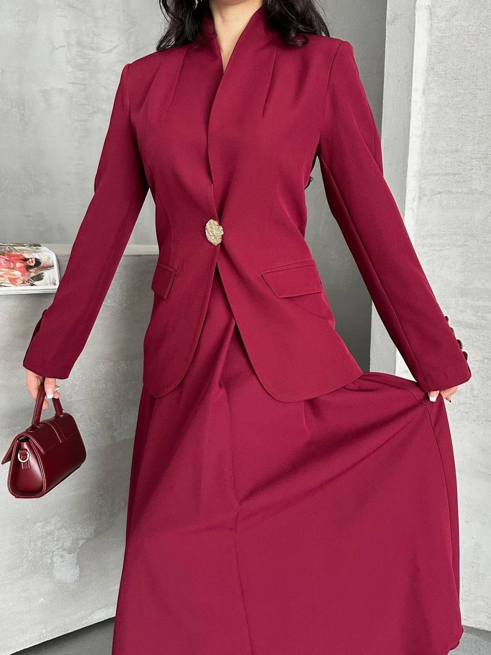 Bordo Gold Düğmeli Ceket Etek Blazer Takım