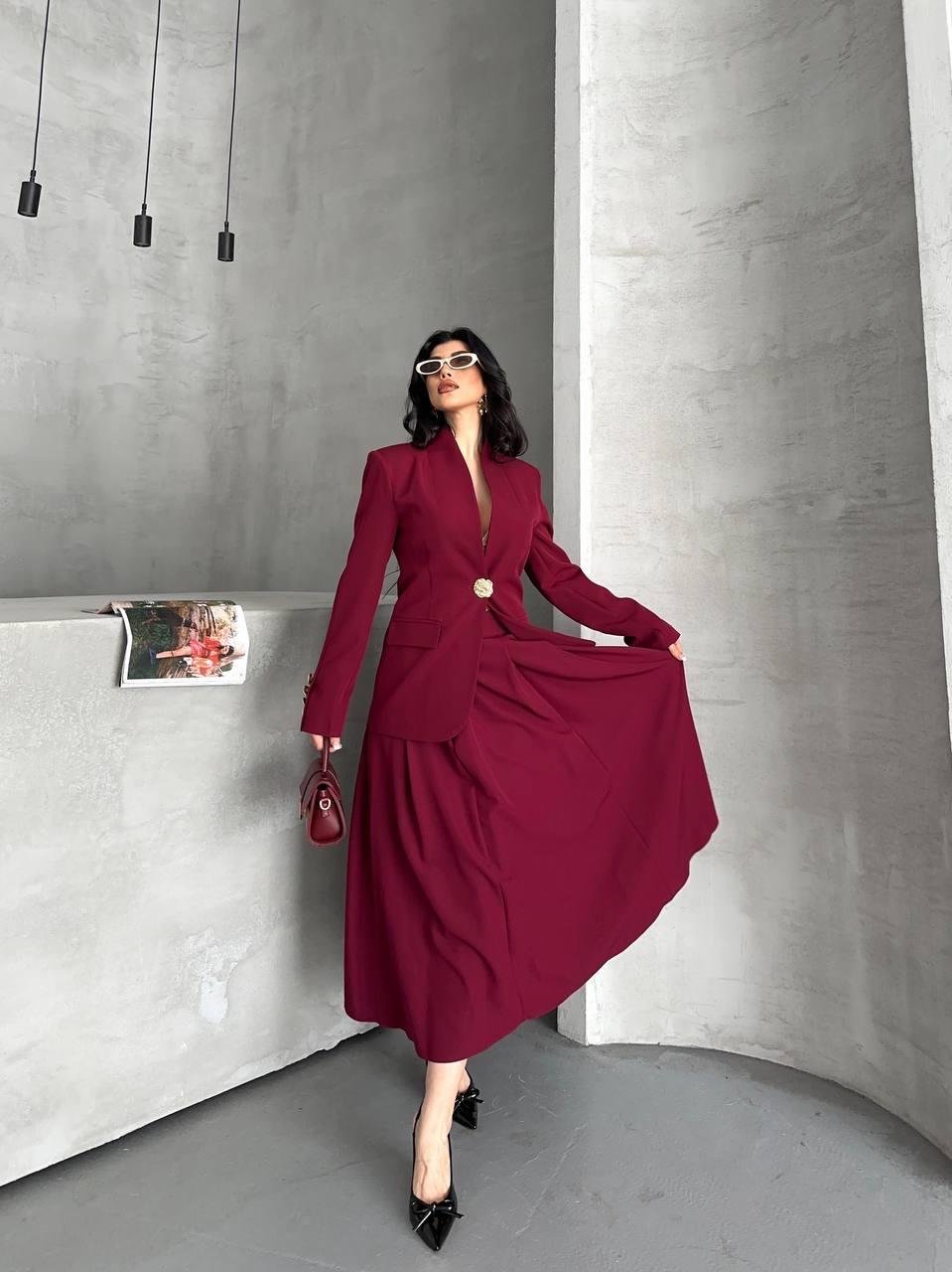 Bordo Gold Düğmeli Ceket Etek Blazer Takım