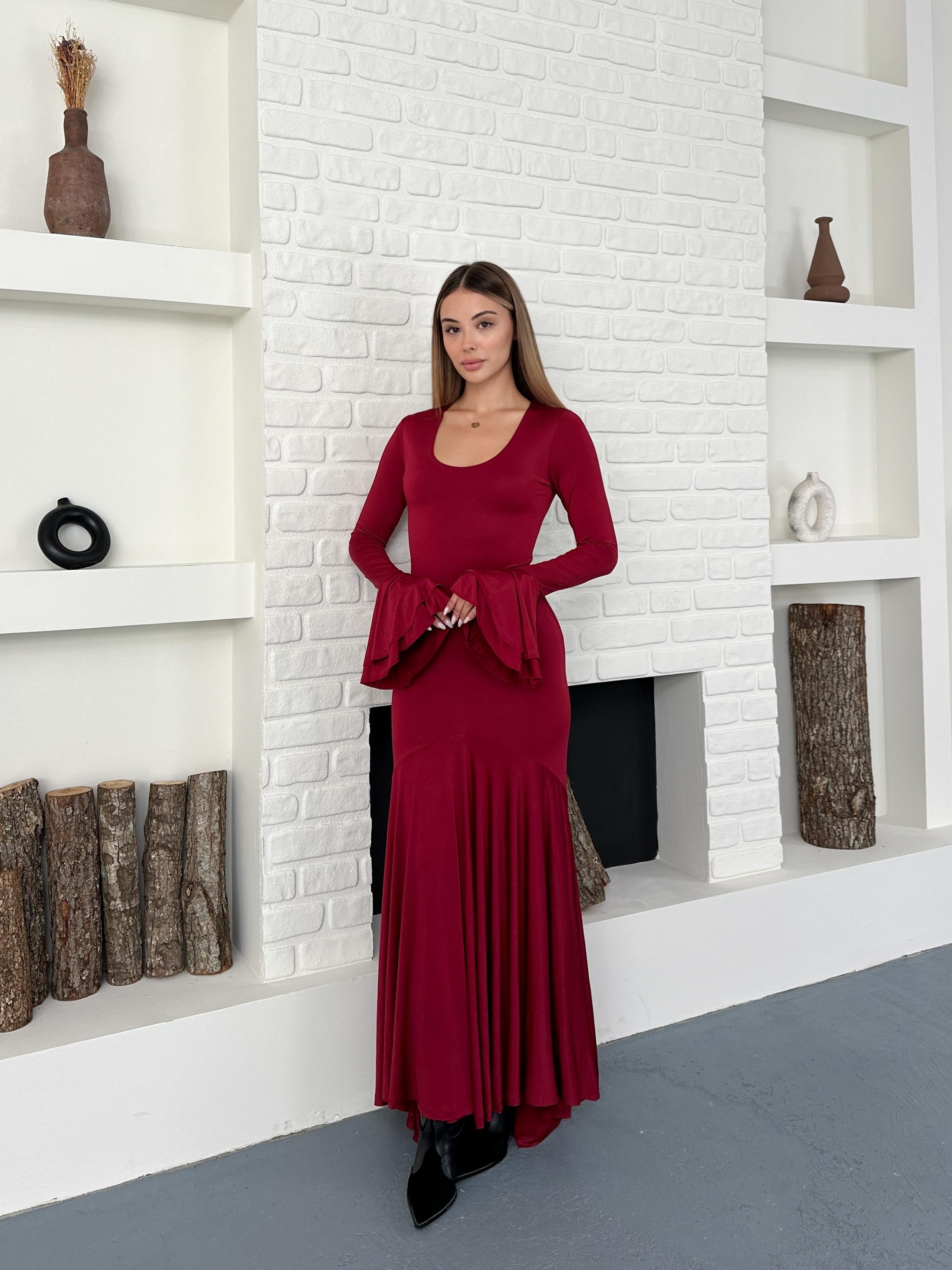 Bordo İspanyol Kol U Yaka Sandy Maxi Elbise