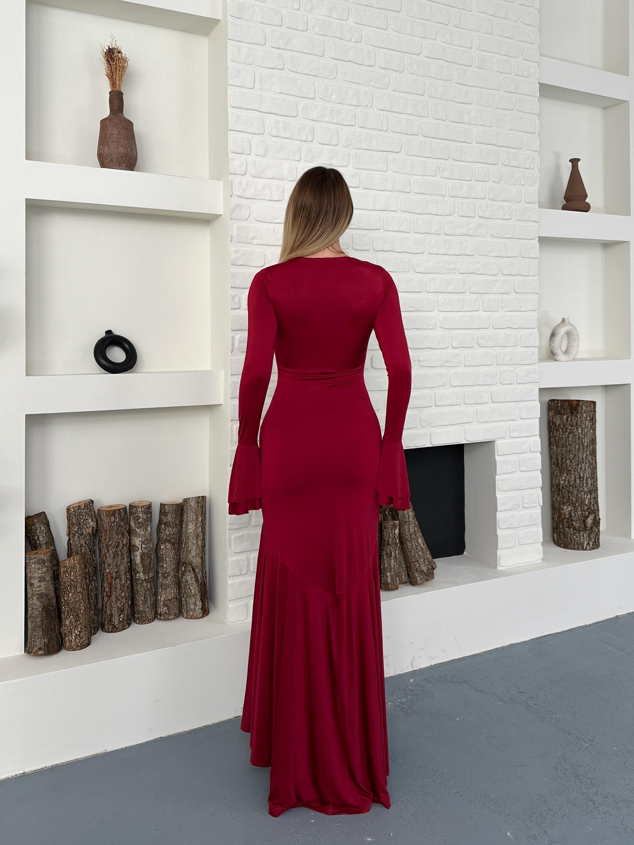 Bordo İspanyol Kol U Yaka Sandy Maxi Elbise