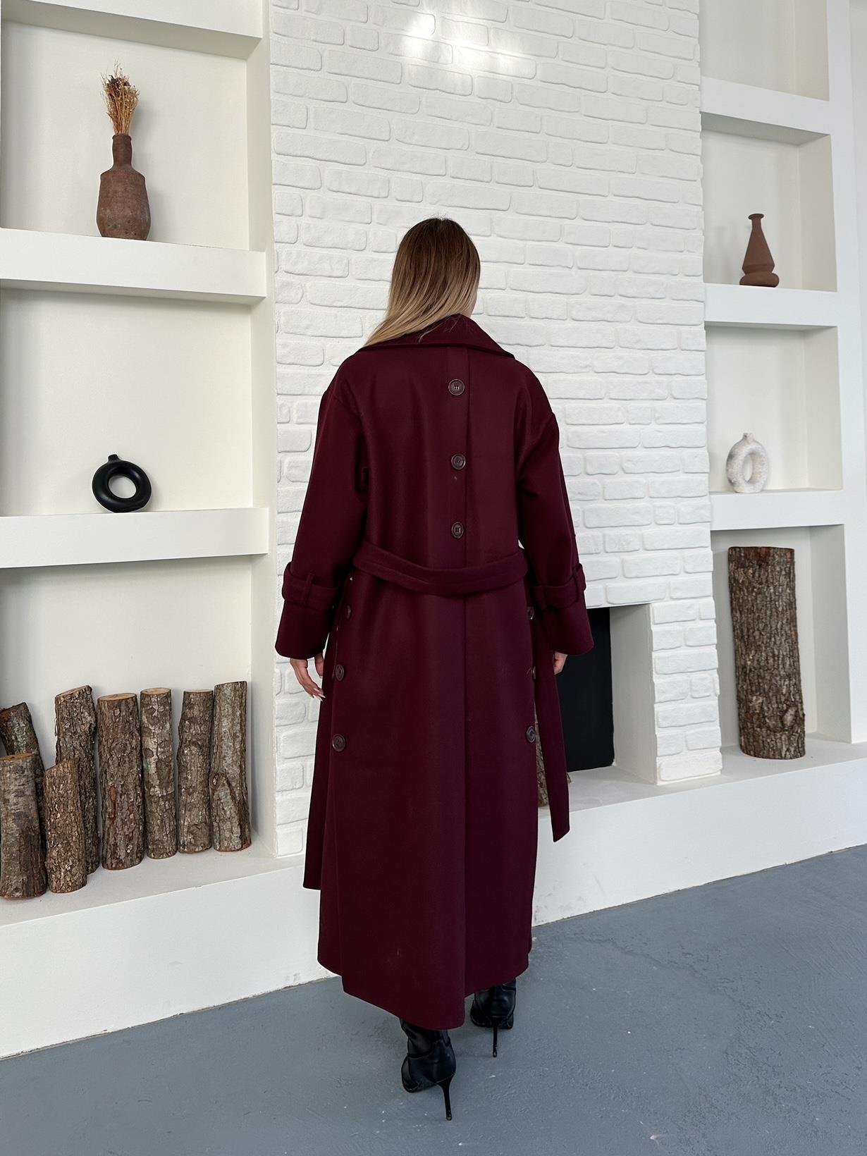 Bordo Kaşe Astarlı Kuşaklı Düğmeli Kaban
